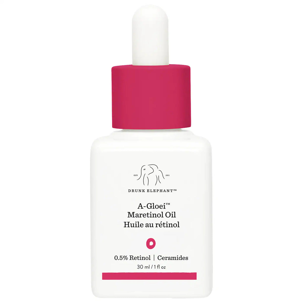 Drunk Elephant skincare product with pink cap and white label on a white background