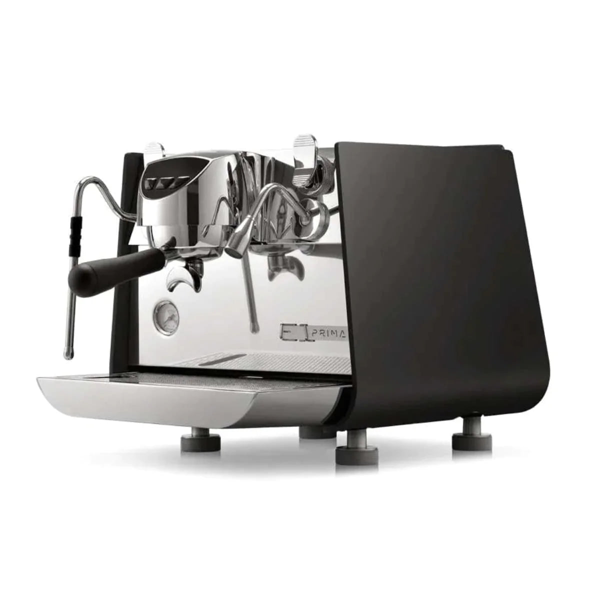 Espresso machine with black side panel on a white background