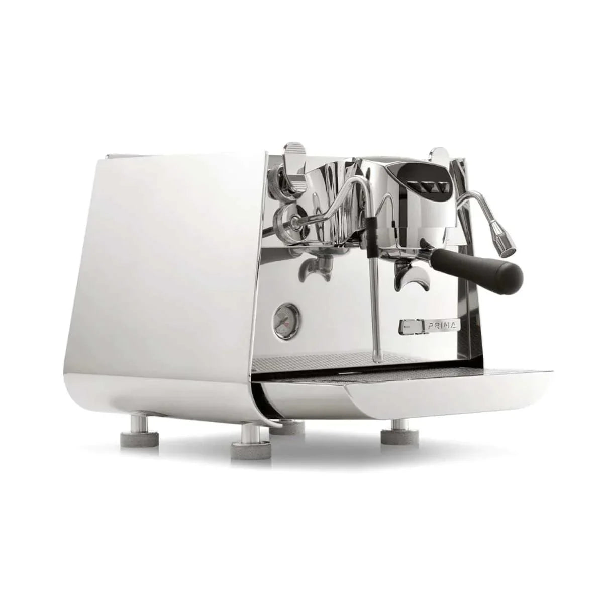 Stainless steel espresso machine on a white background