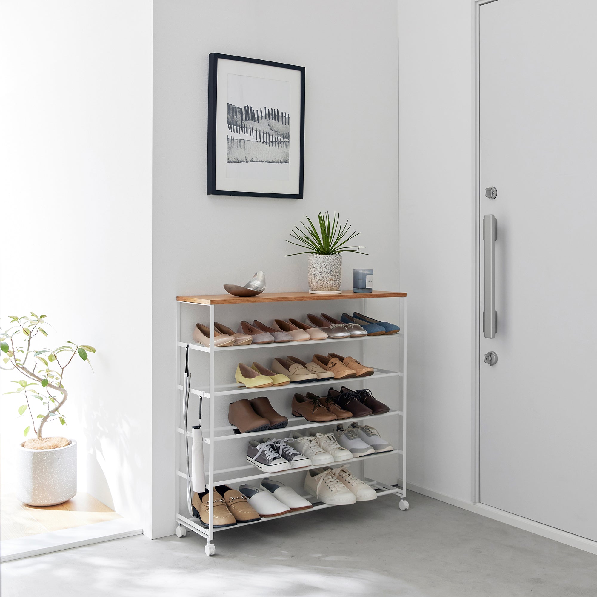Yamazaki Home Rolling Five-Tier Shoe Rack (34.25" H)  - Steel + Wood