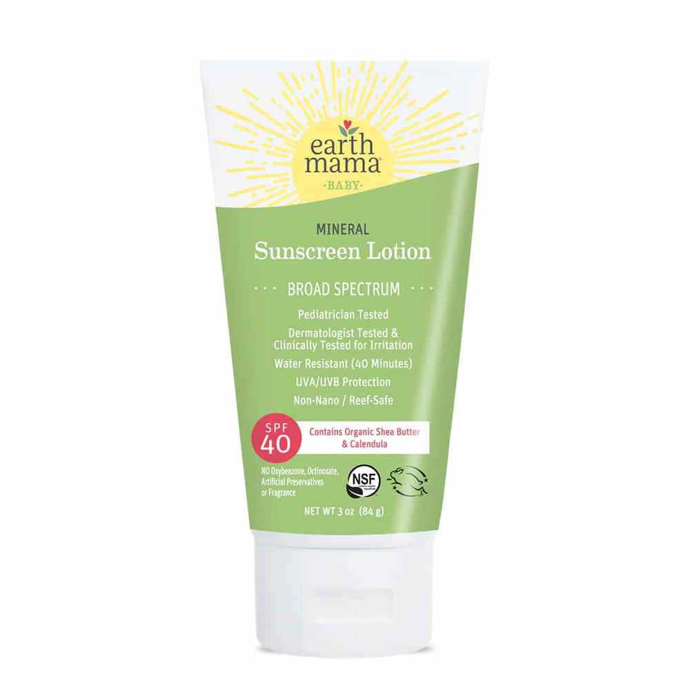 Earth Mama Baby Mineral Sunscreen Lotion SPF 40 on a white background