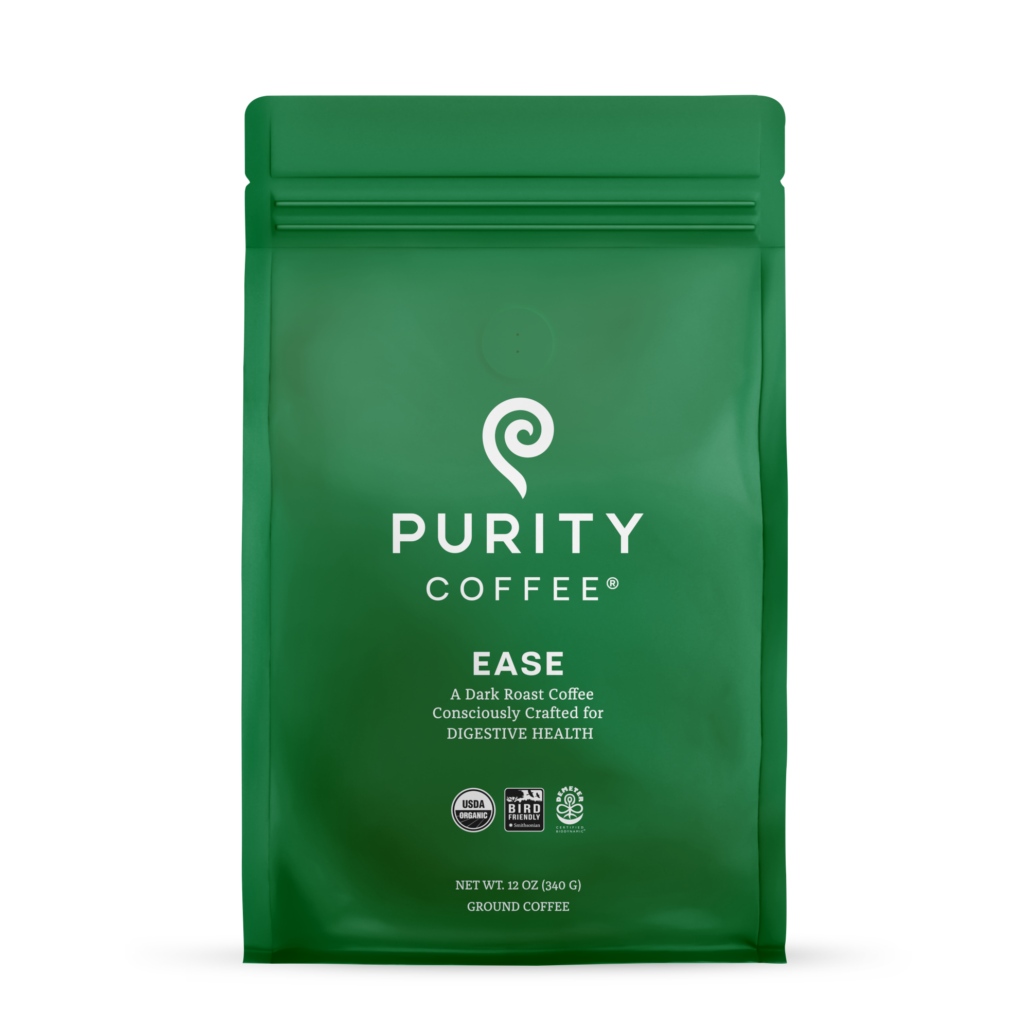 Green coffee package labeled 'Purity Coffee' on a white background