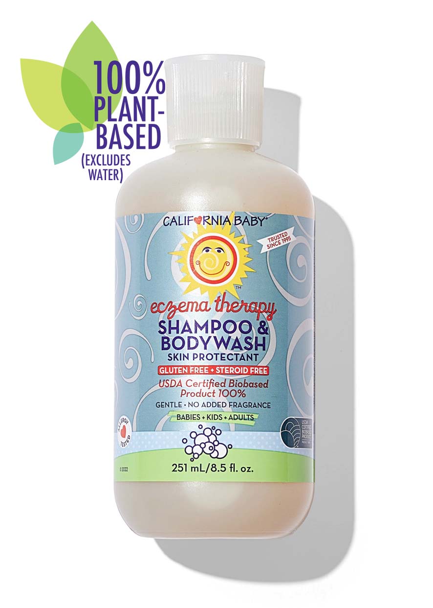 California Baby eczema therapy shampoo & body wash bottle on a white background