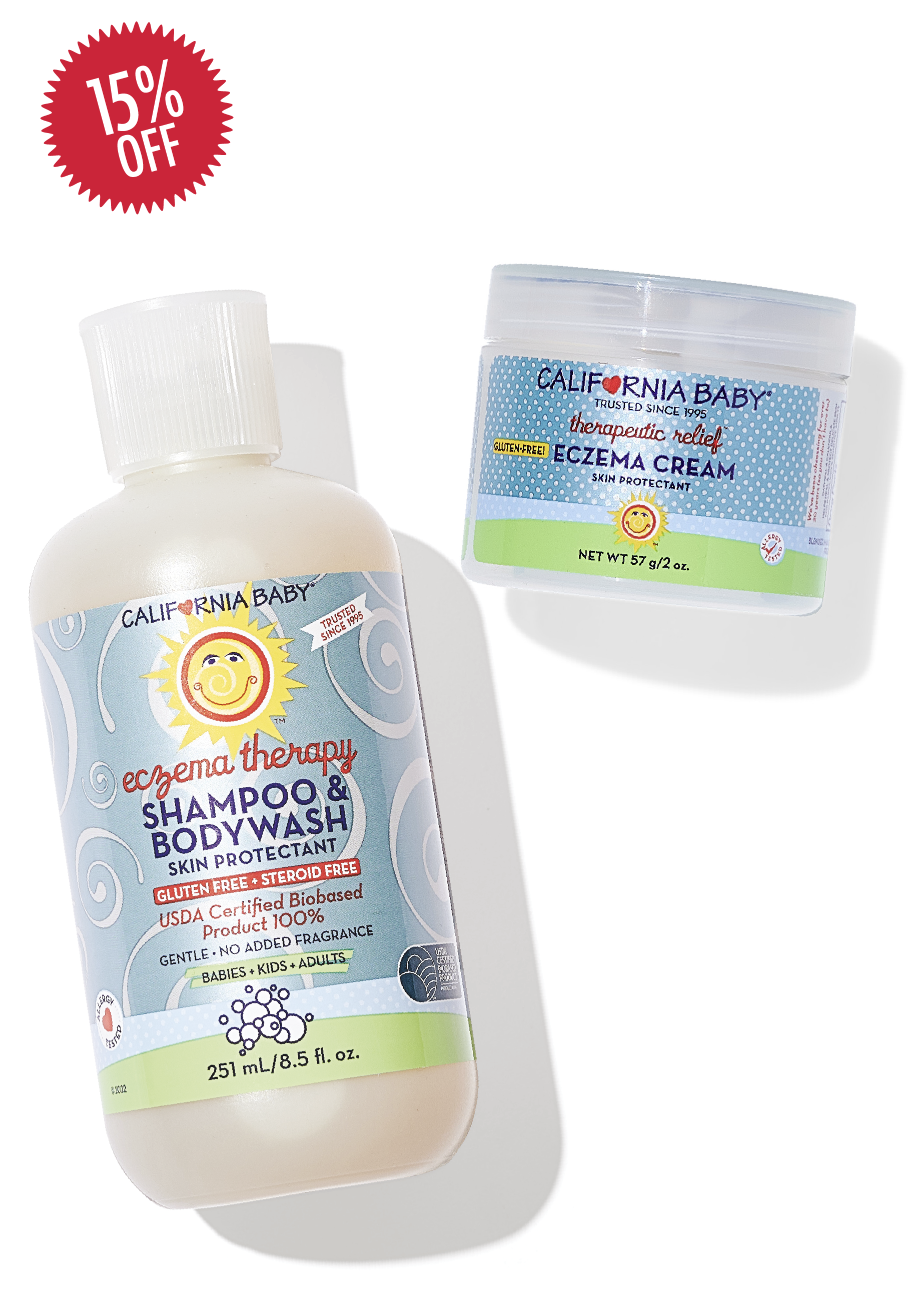 California Baby eczema therapy shampoo & bodywash and eczema cream on a white background with a 15% off label.