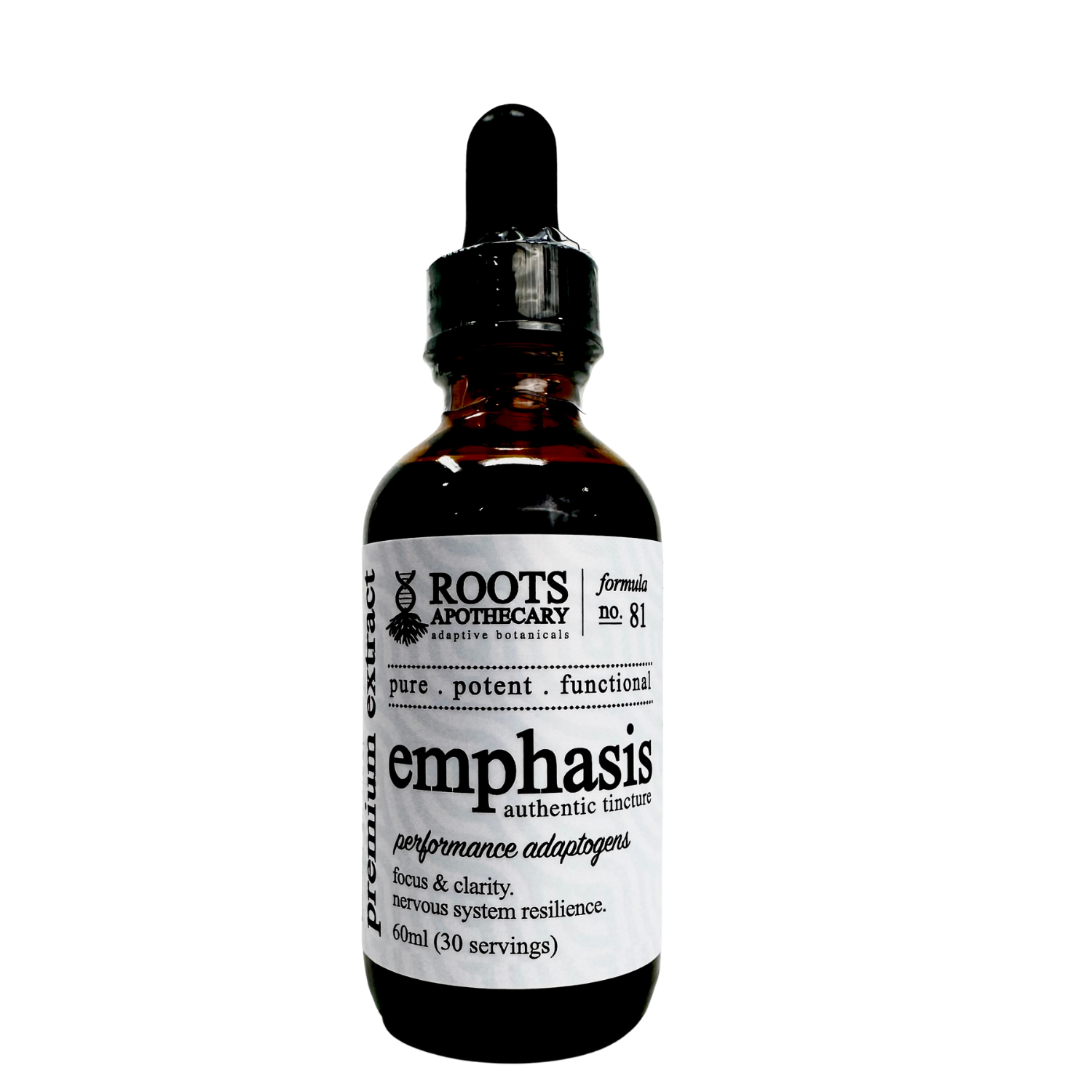 Bottle of Roots Apothecary 'Emphasis' with dropper on a white background