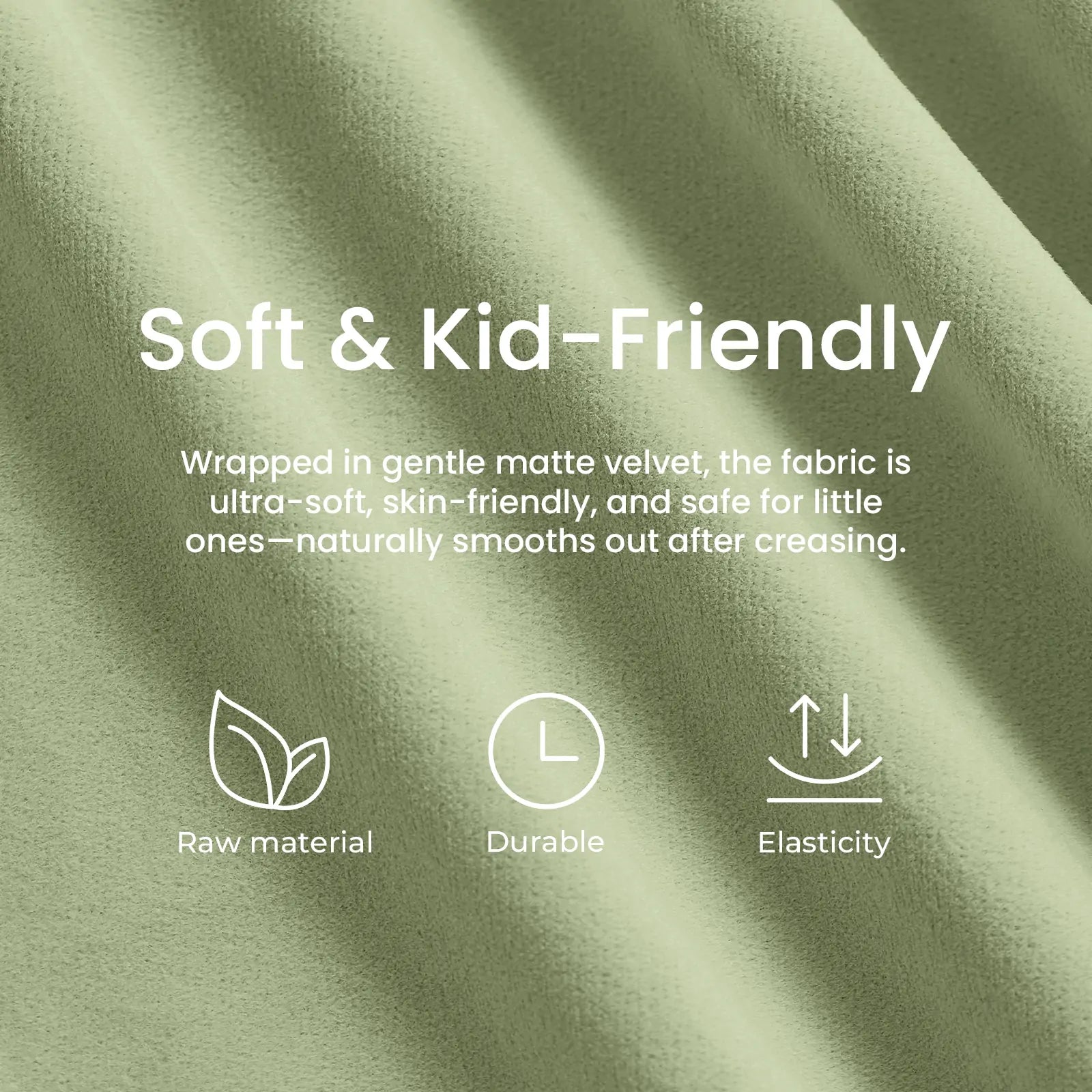 Green fabric with text about softness, durability, and elasticity