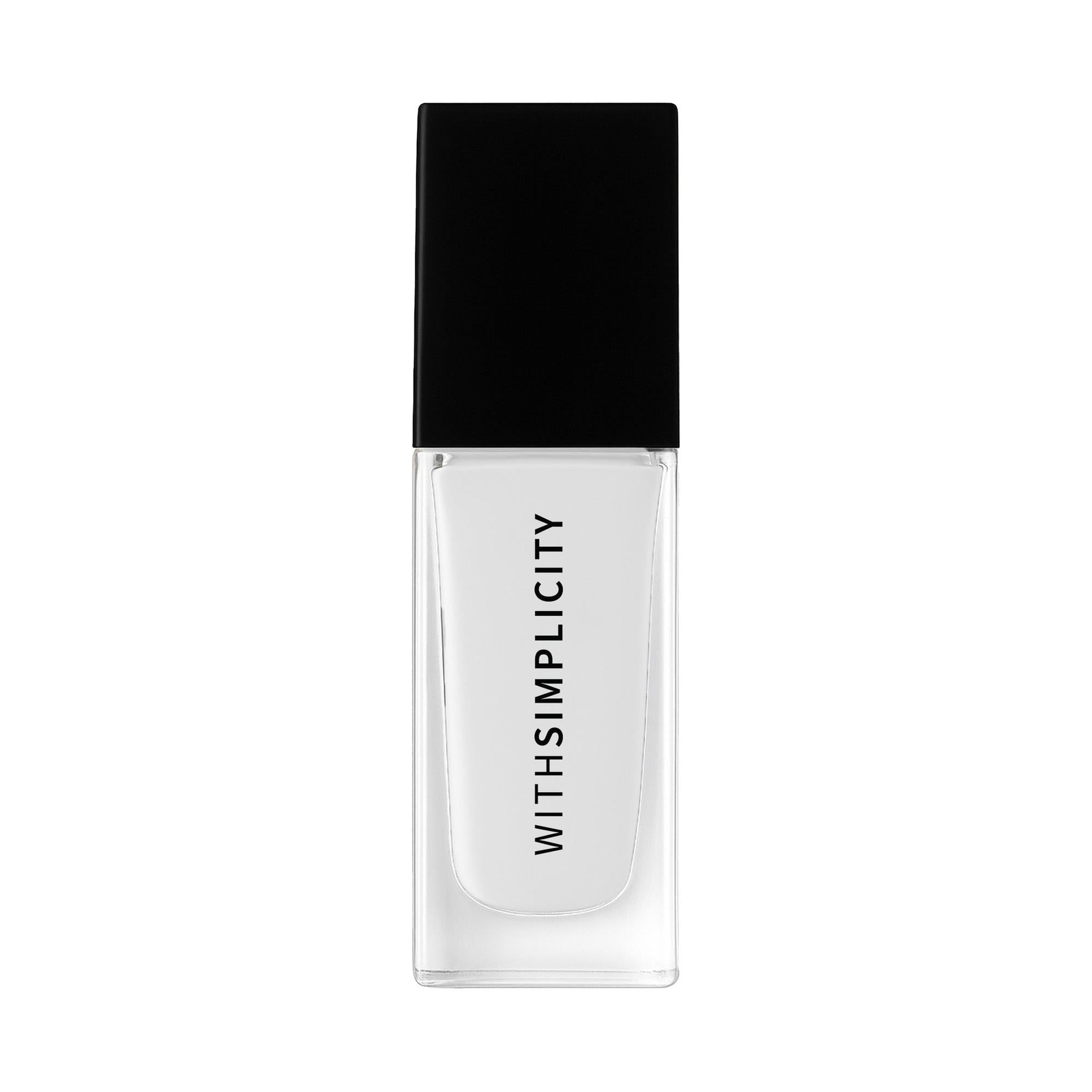 Fragrance bottle with black cap and 'WITHSIMPLICITY' text on a white background