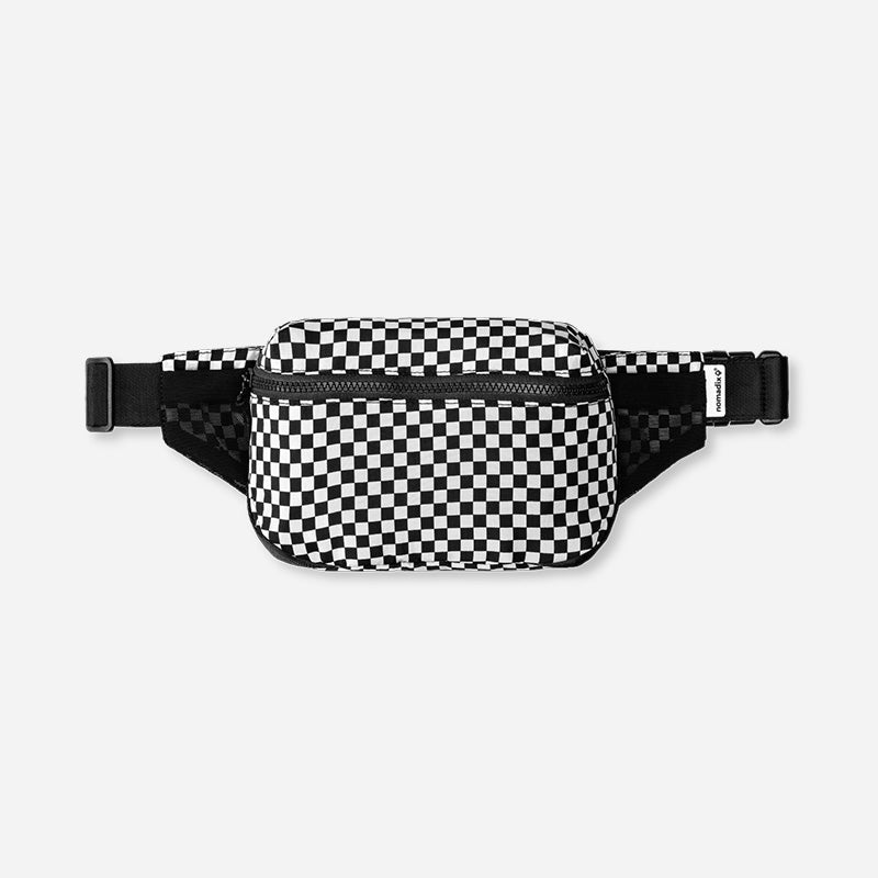 Black and white checkered fanny pack on a light gray background