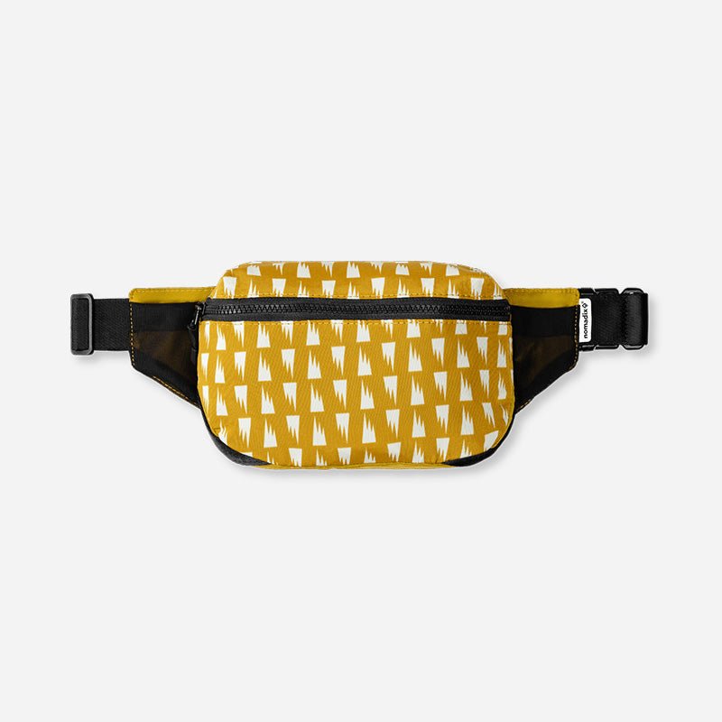 Yellow waist bag with white pattern on a light gray background