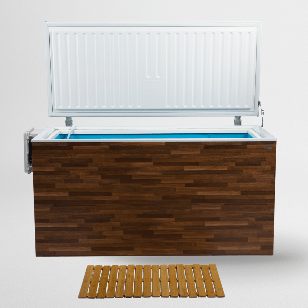 Wooden storage box with a white lid on a gray background