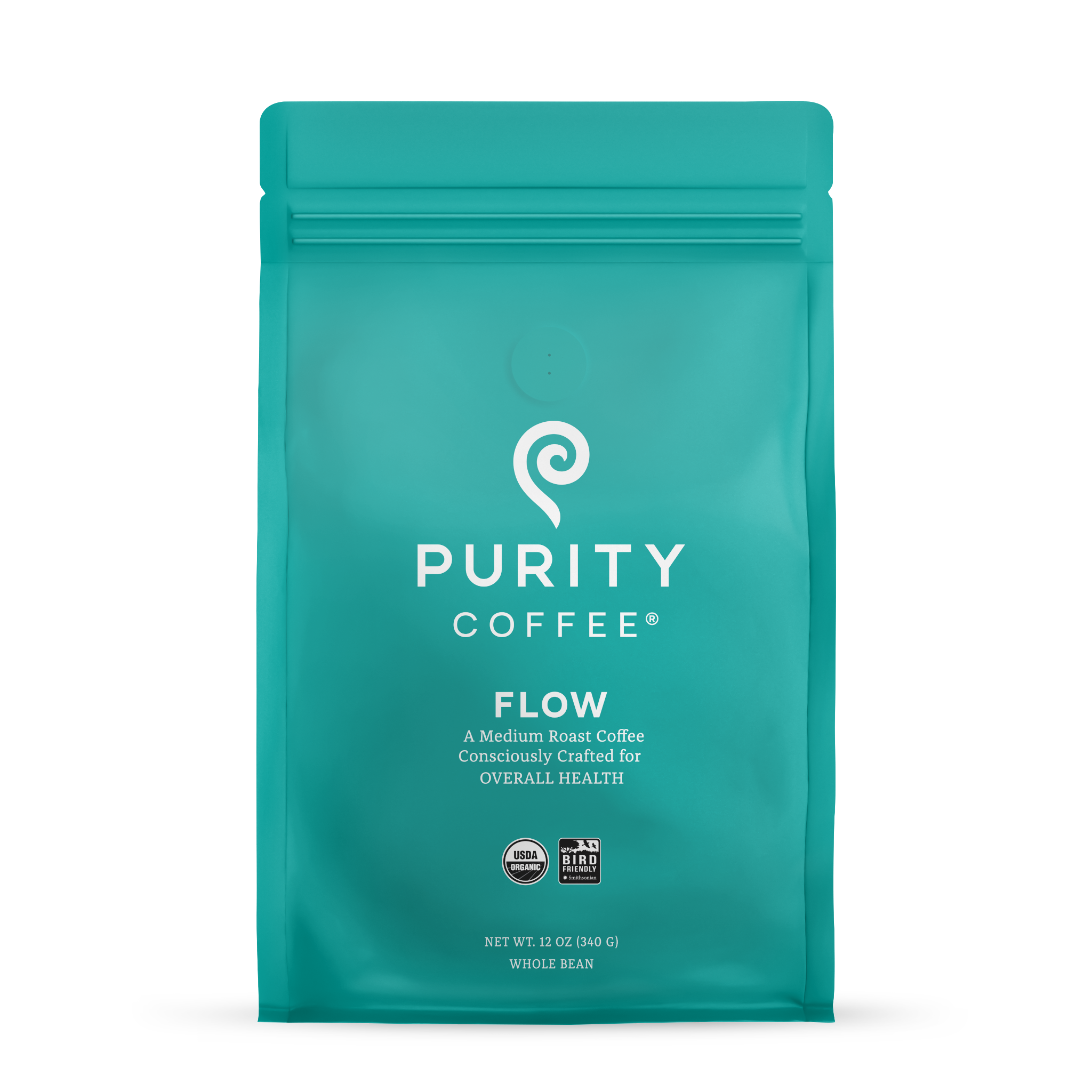 Teal coffee bag with 'Purity Coffee' branding on a white background