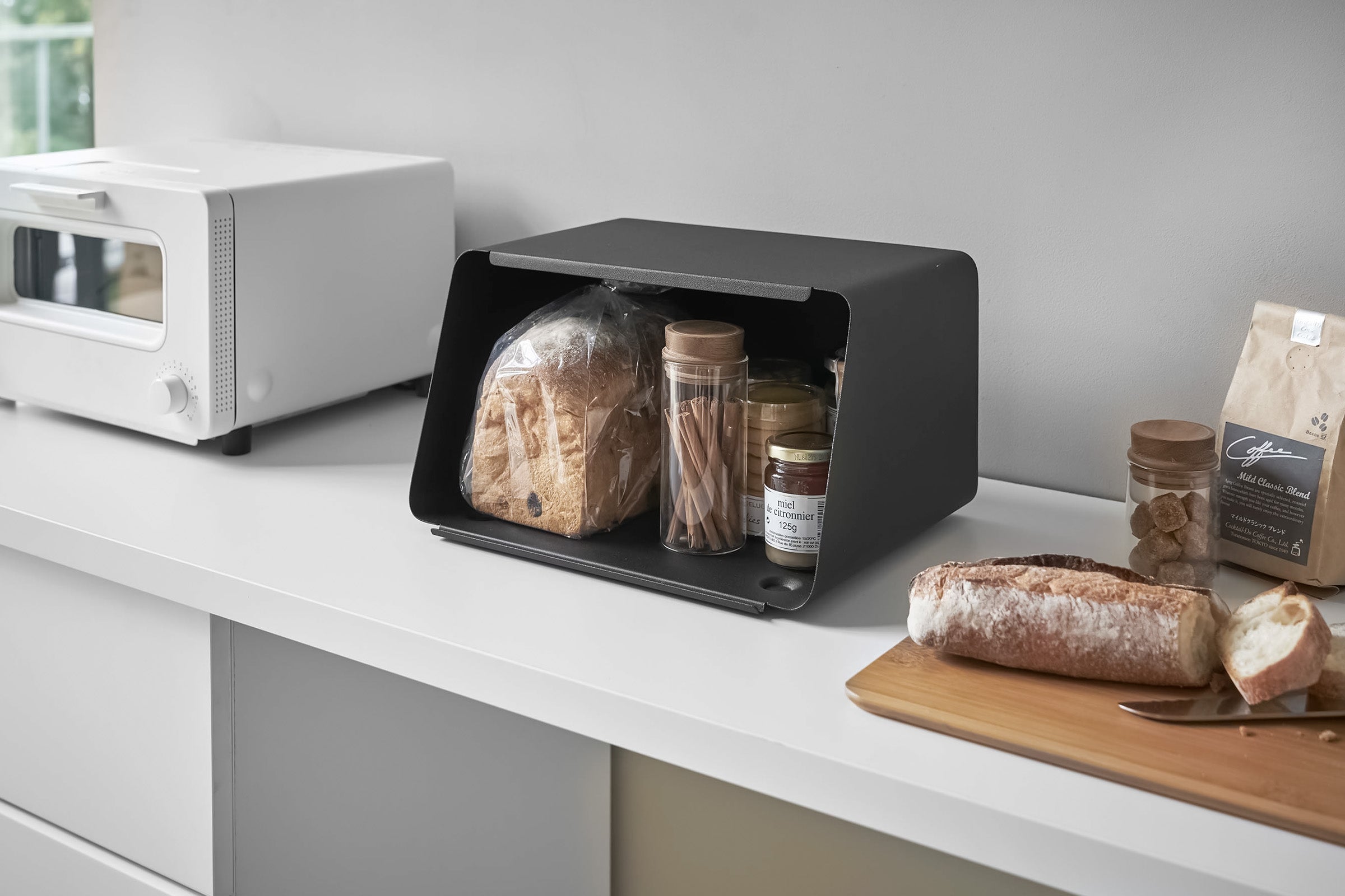 Yamazaki Home Bread Box with Cutting Board Lid - Steel + Wood