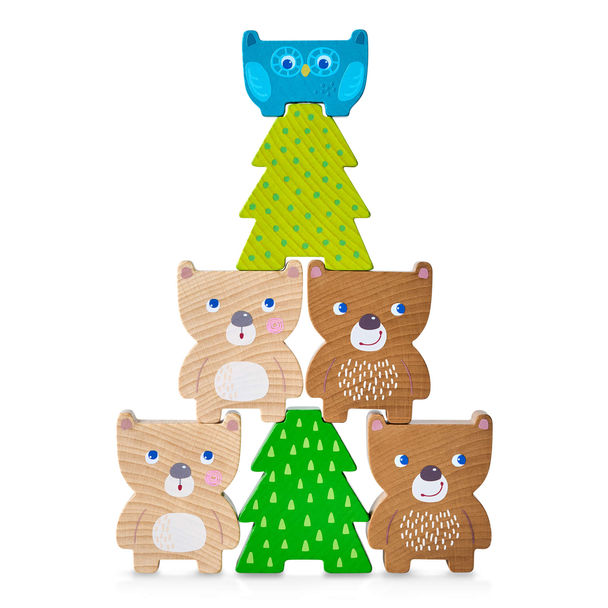 Wooden toy set with bears and an owl stacked on a white background