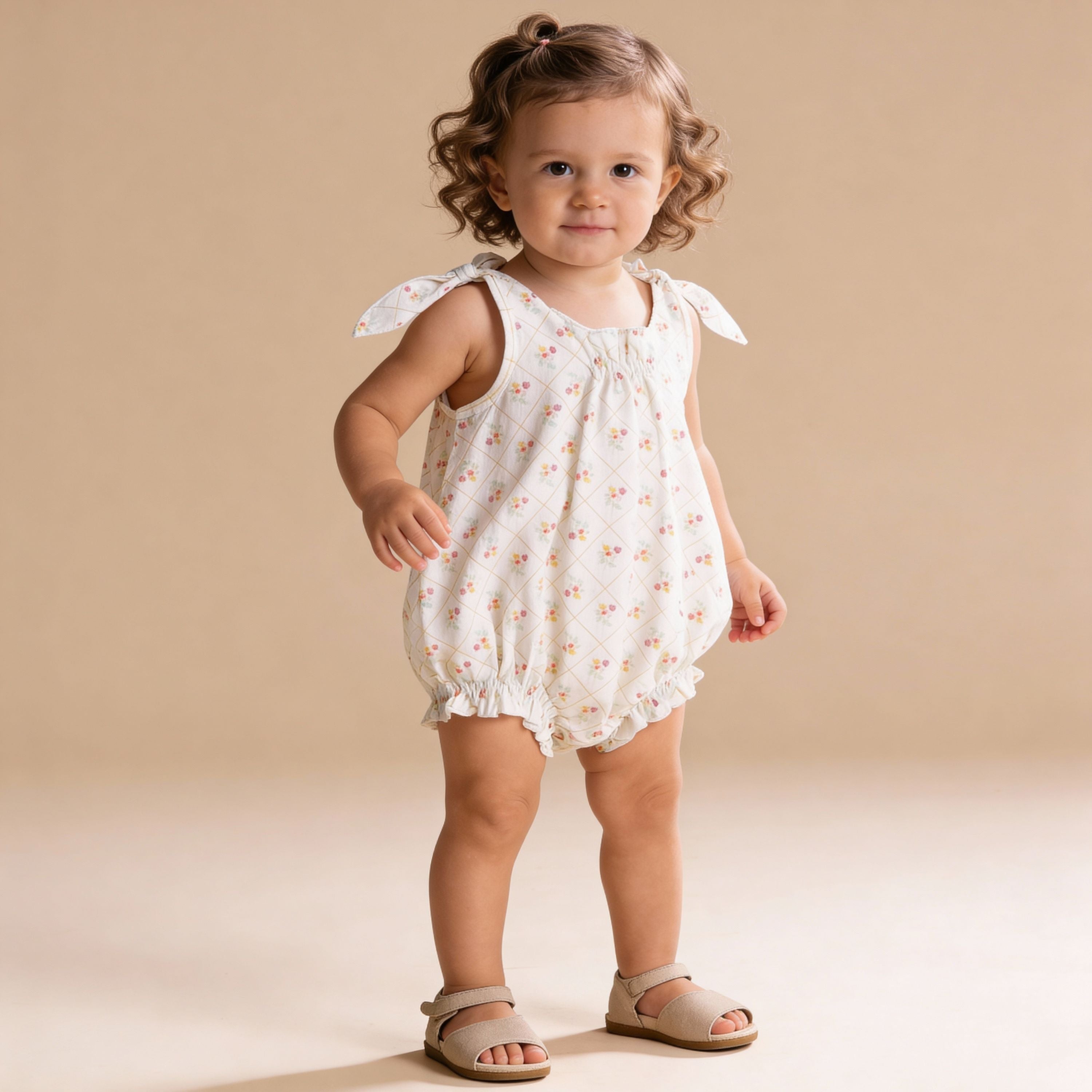 Makemake Organics - Organic Tie Shoulder Bubble Romper - Spring Weave