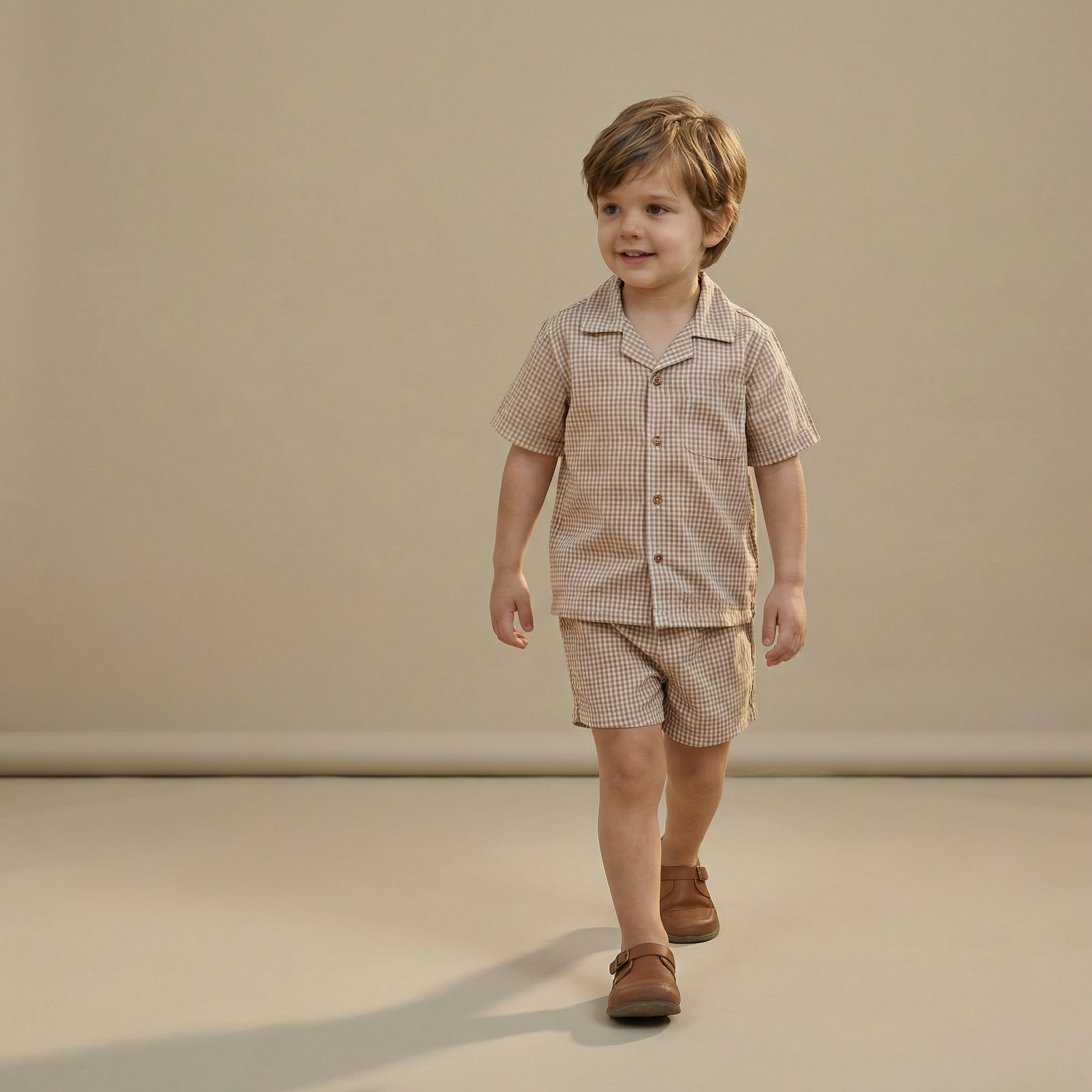 Makemake Organics - Organic Shirt & Shorts Set - Caramel Check