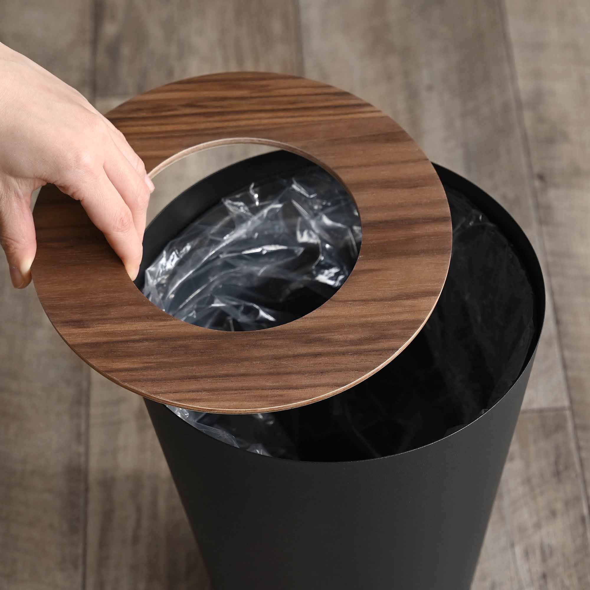 Yamazaki Home Trash Can - Round - Steel + Wood