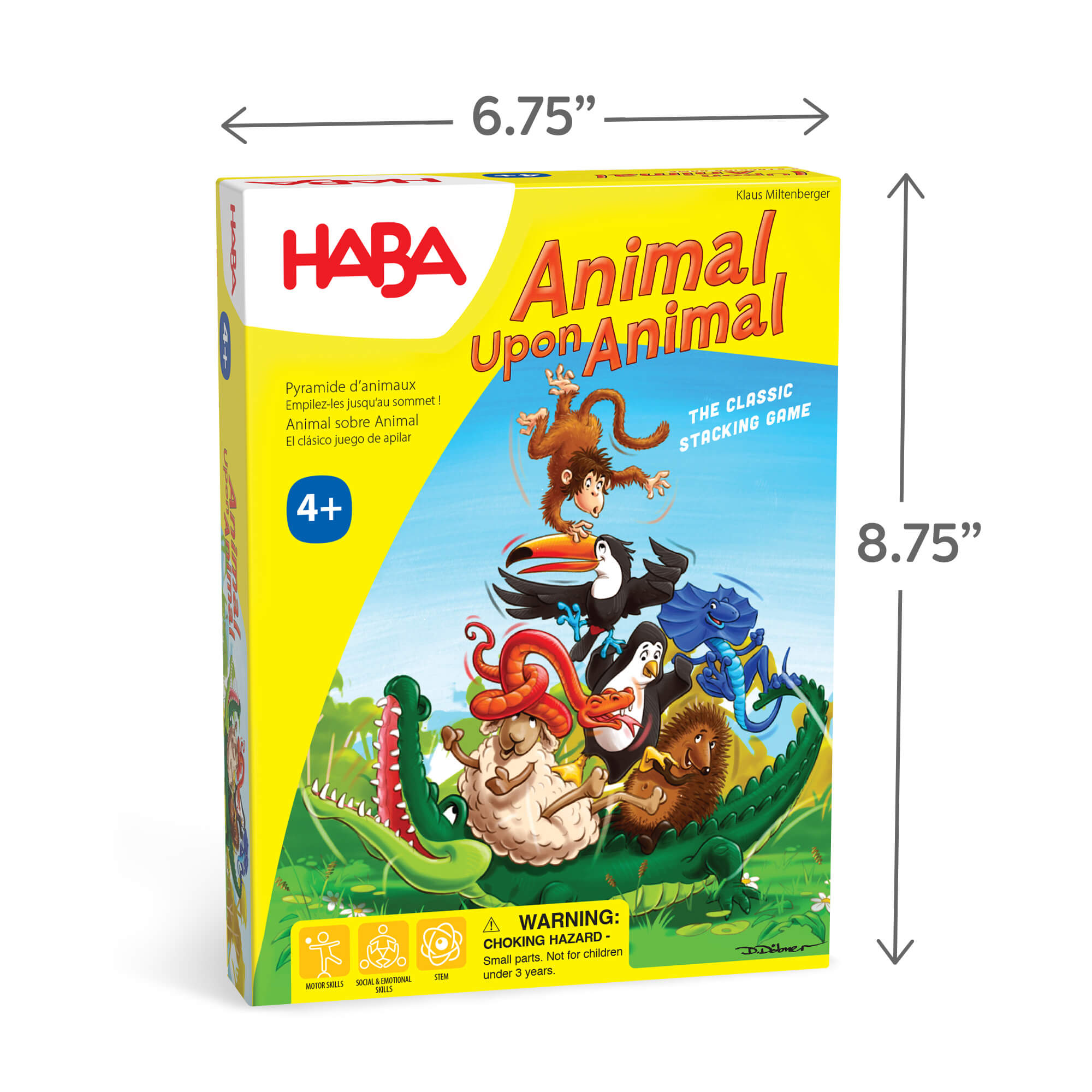 HABA Animal Upon Animal game box with dimensions on a white background