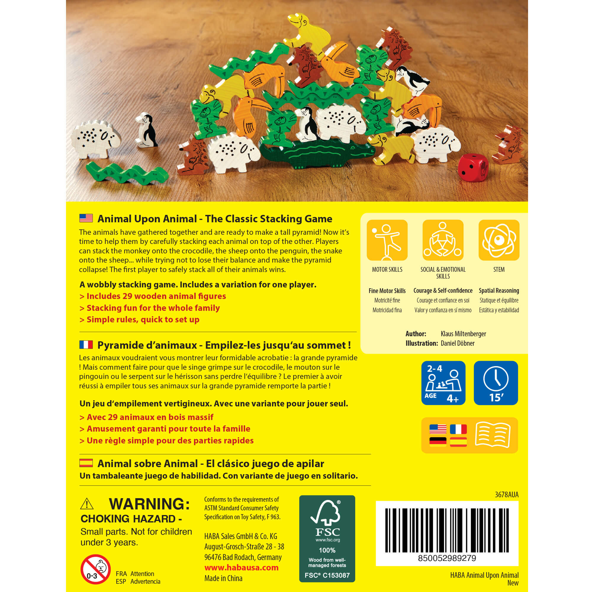 Back of a toy packaging with colorful animal figures and text on a wooden surface