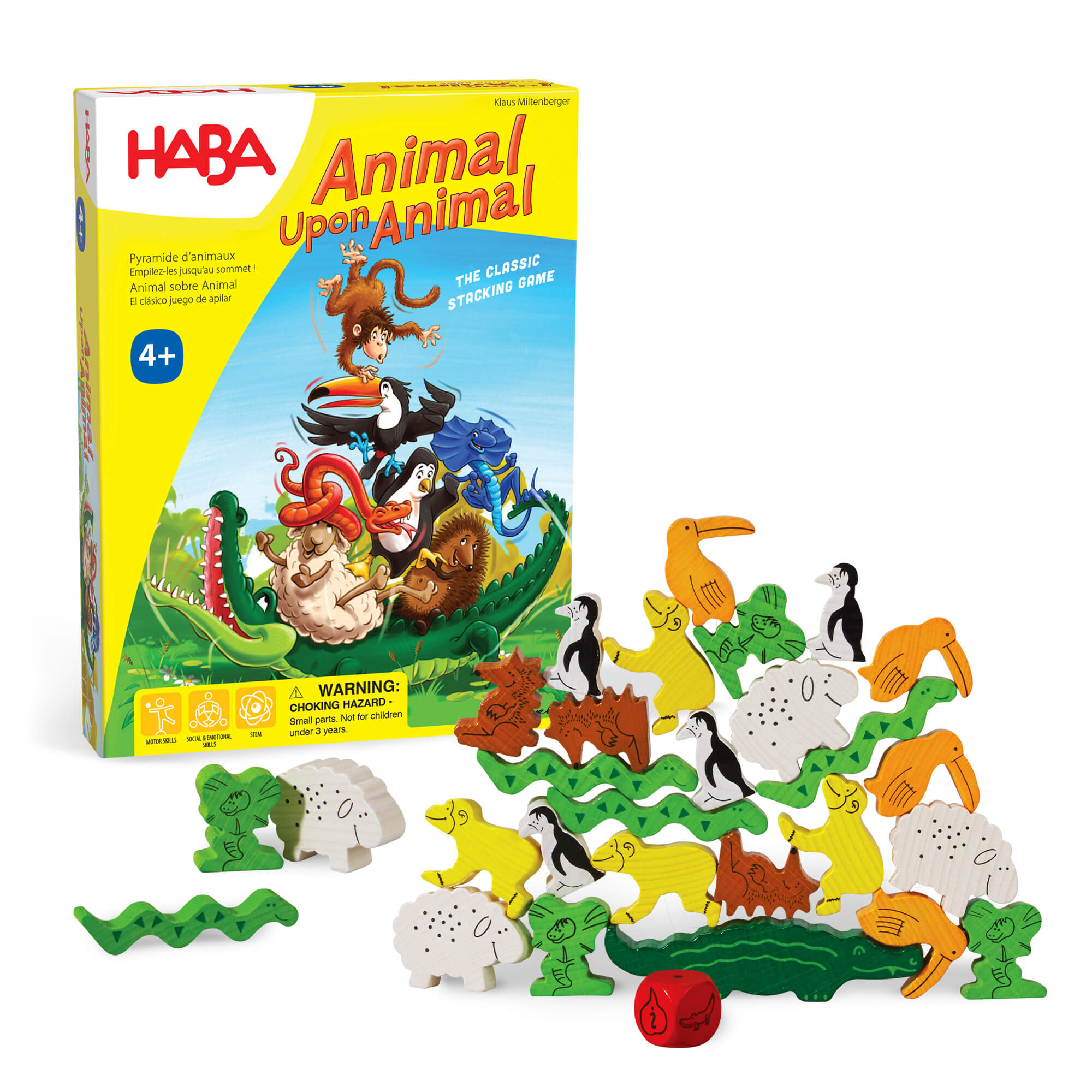 HABA 'Animal Upon Animal' stacking game with colorful animal figures and packaging.