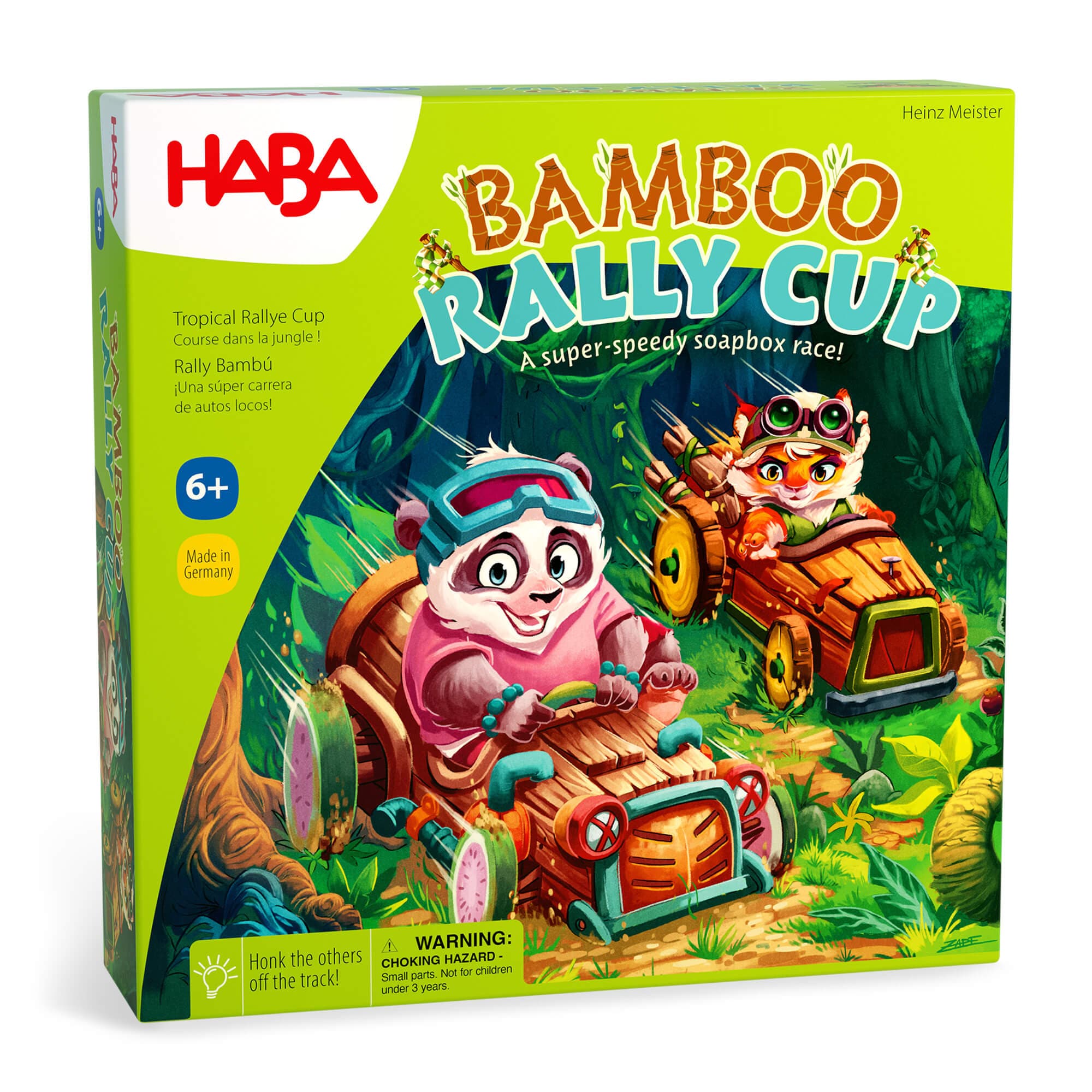 HABA Bamboo Rally Cup board game box with cartoon characters and green background