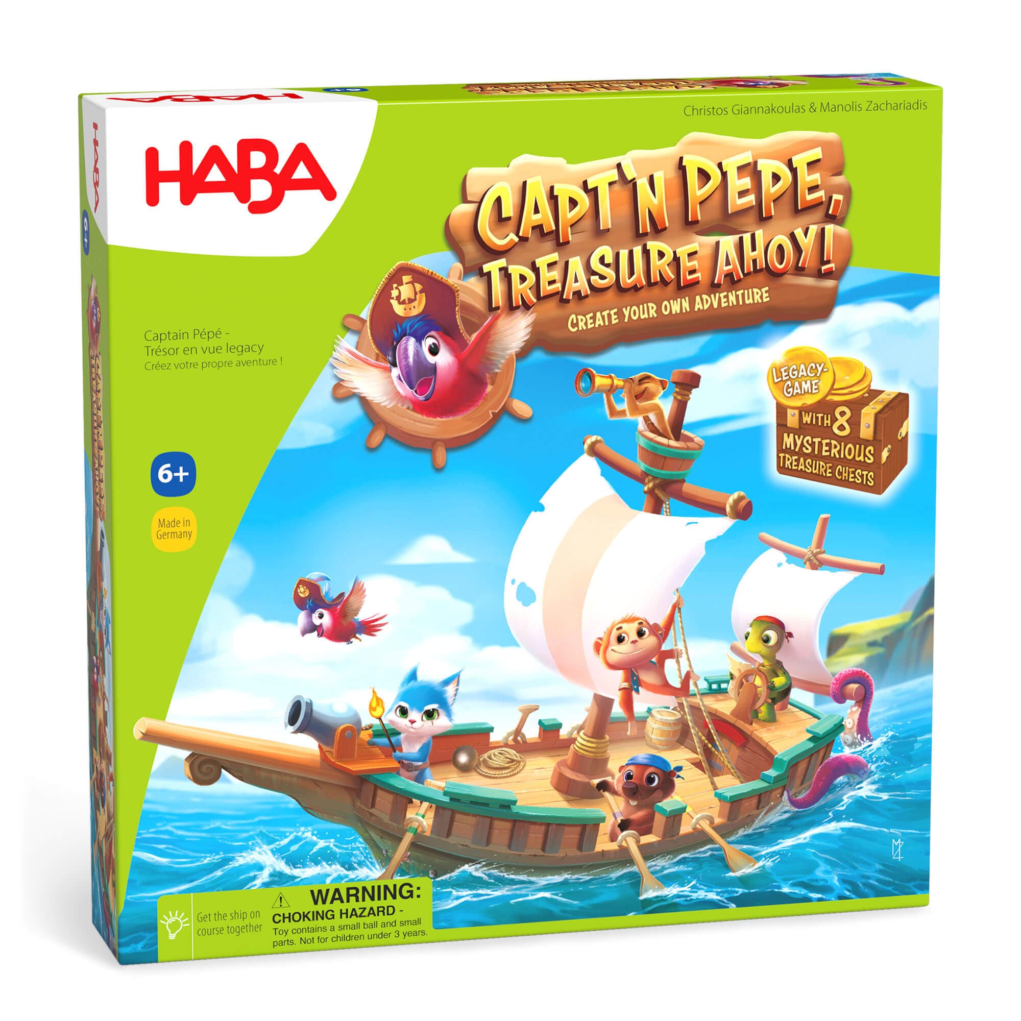 HABA Captain Pepe Treasure Ahoy game box with colorful illustration of a pirate ship and characters.