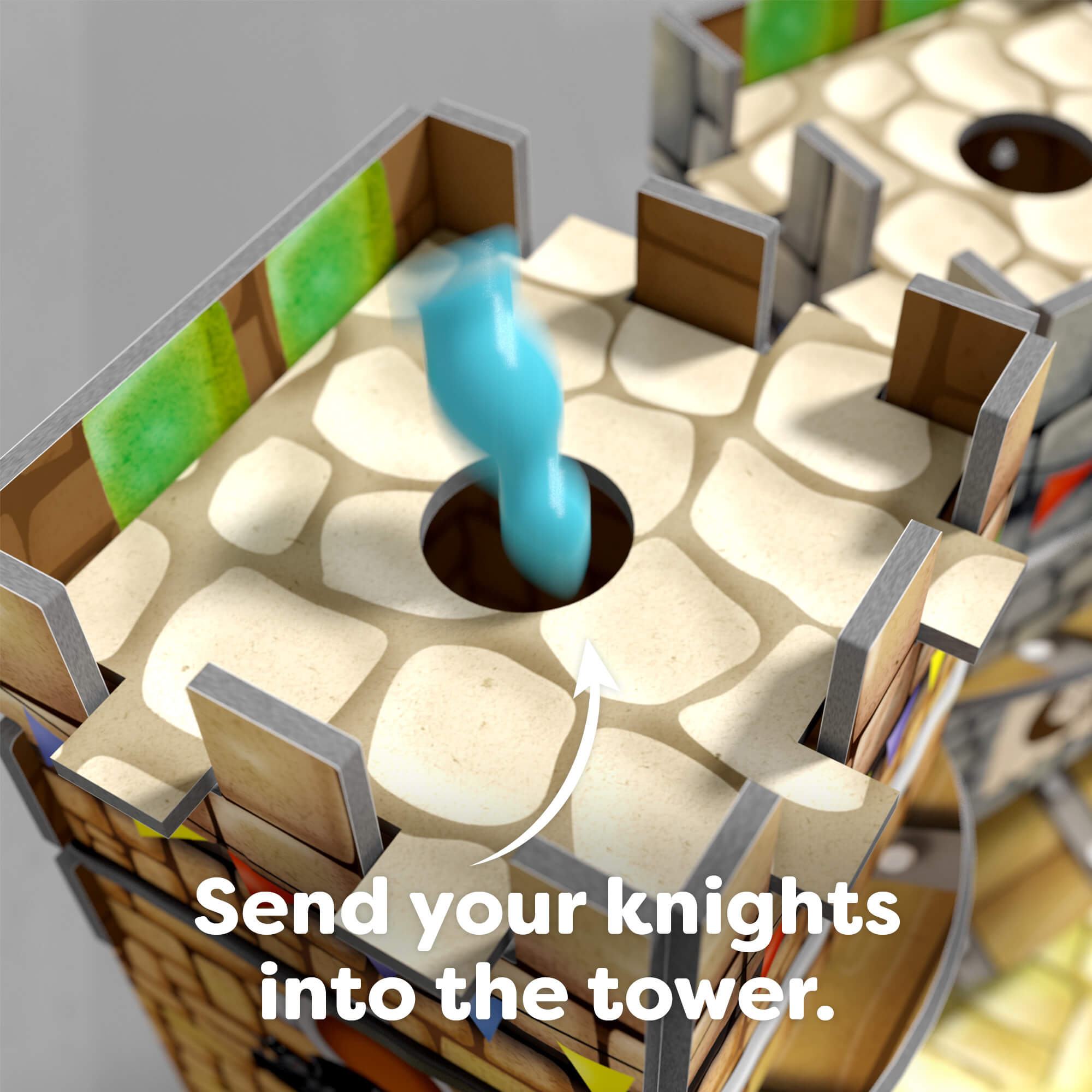 Toy castle with a spiral staircase and text 'Send your knights into the tower.'