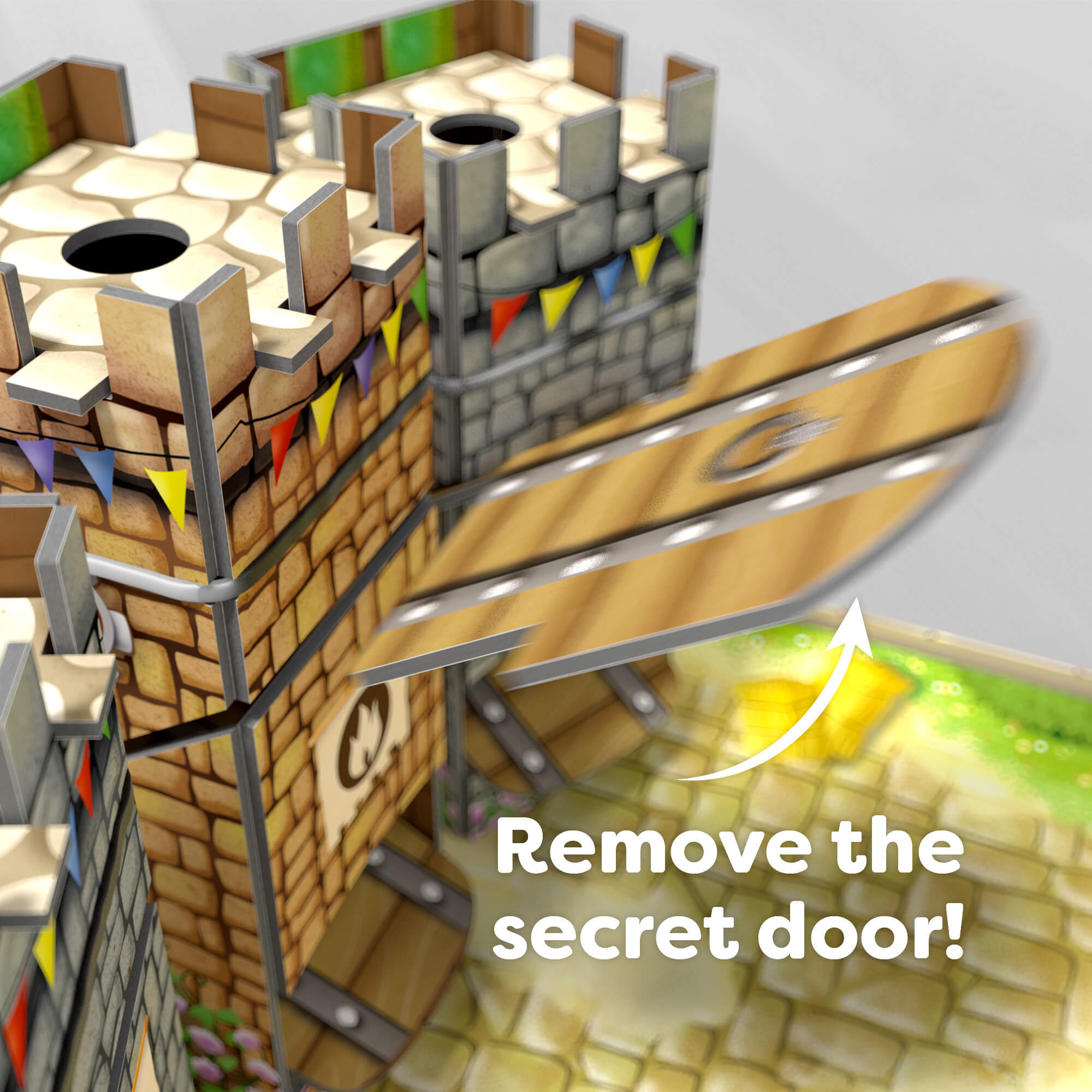 Wooden puzzle with a secret door mechanism and colorful flags.