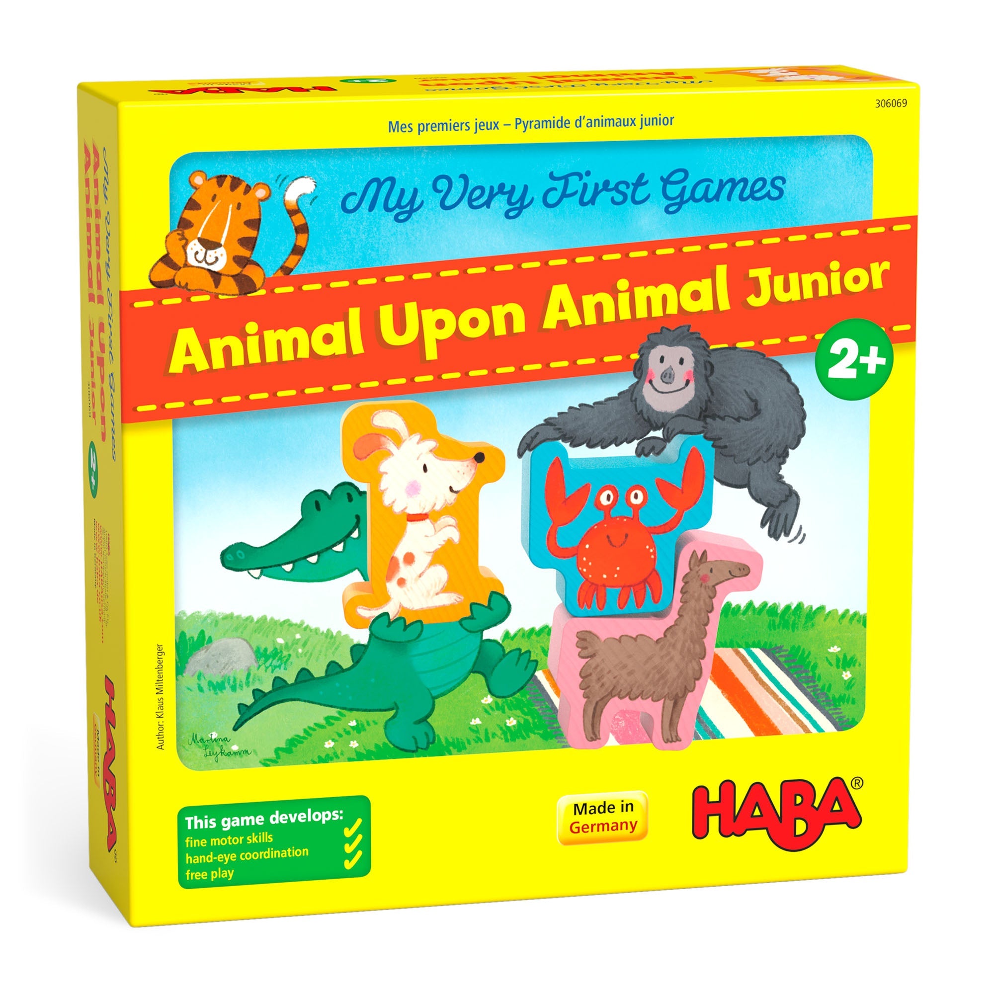 HABA 'Animal Upon Animal Junior' game box with colorful animals on a yellow background