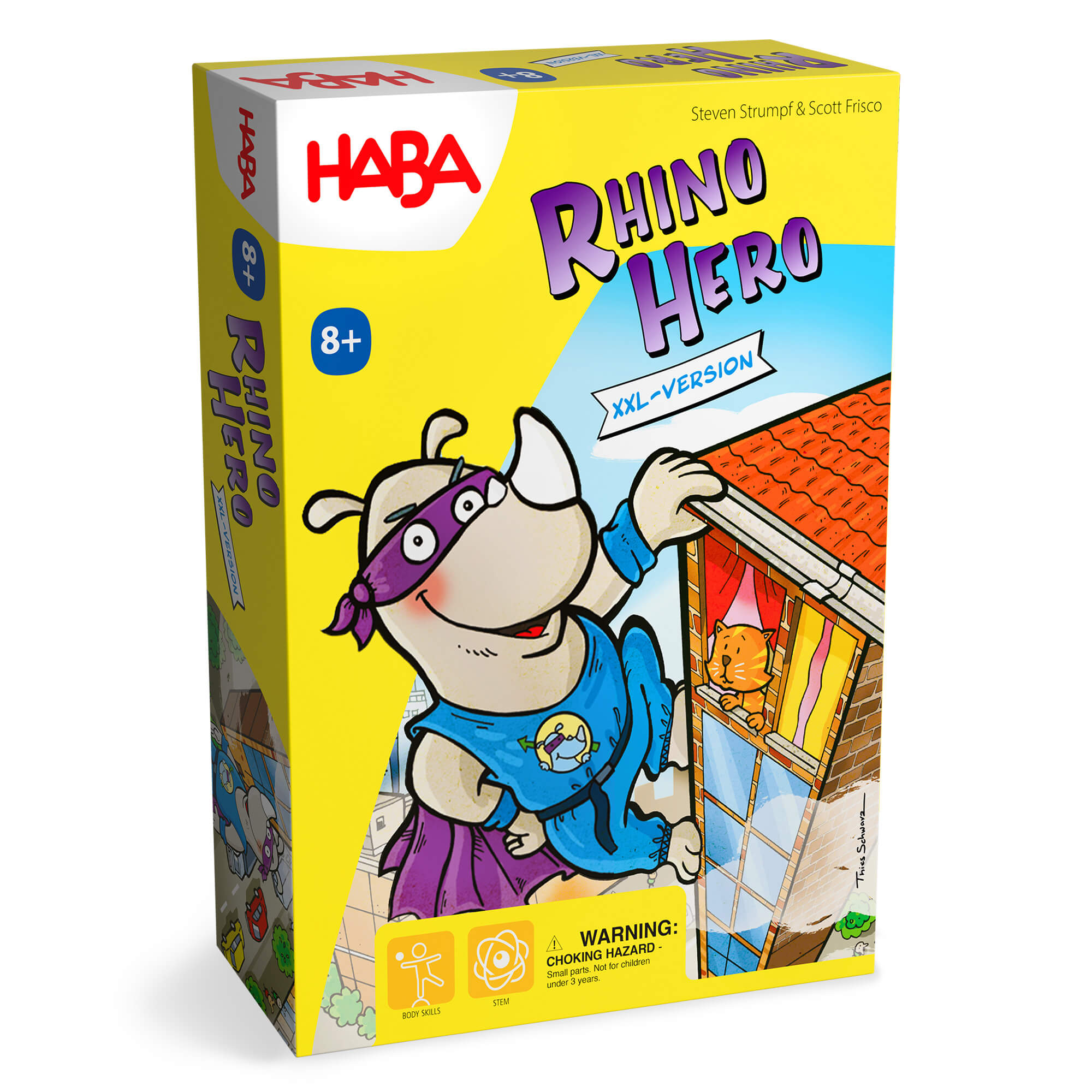 HABA Rhino Hero game box with cartoon rhino in superhero costume on a yellow background