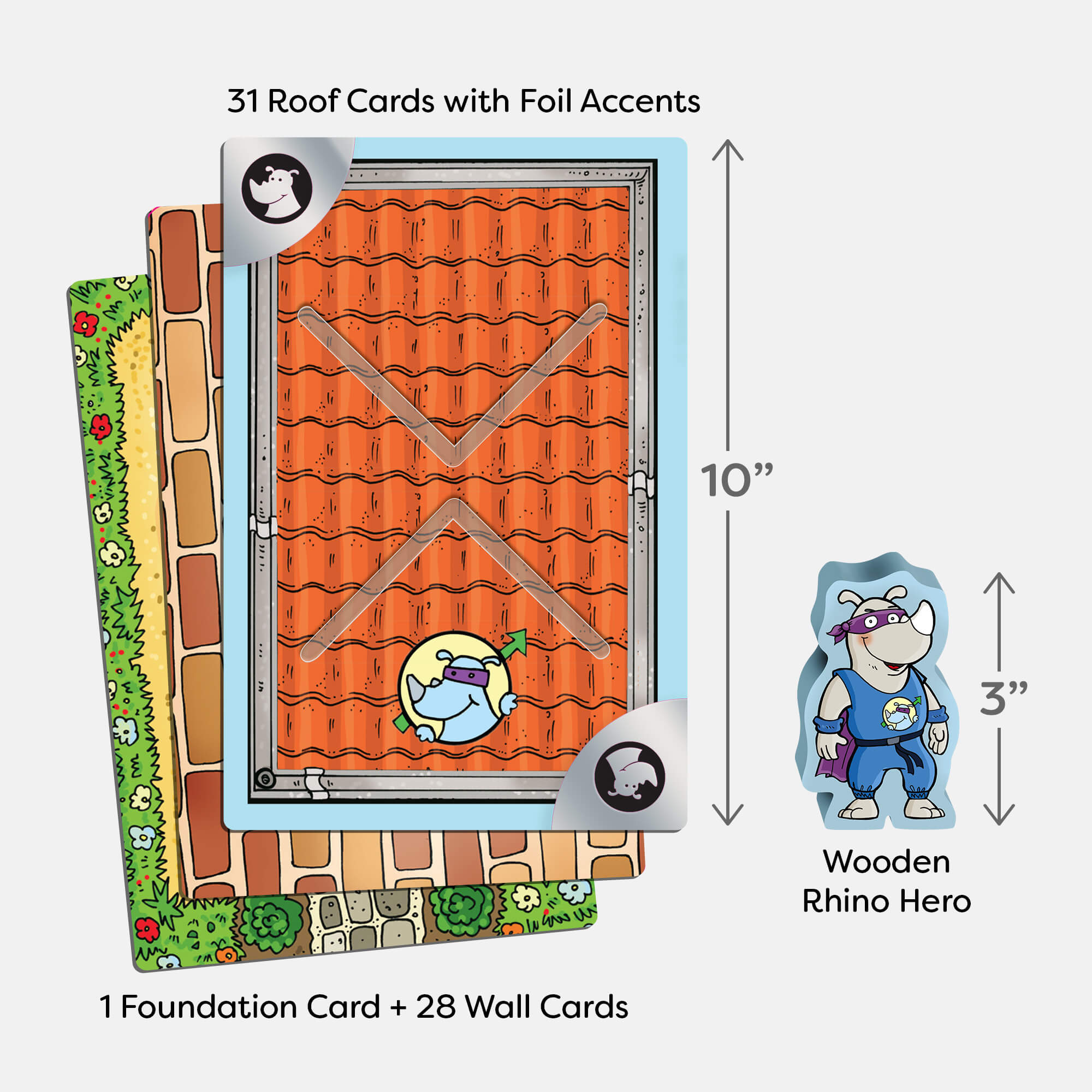Children's game set with roof cards, wall cards, and a wooden rhino hero figure on a white background.