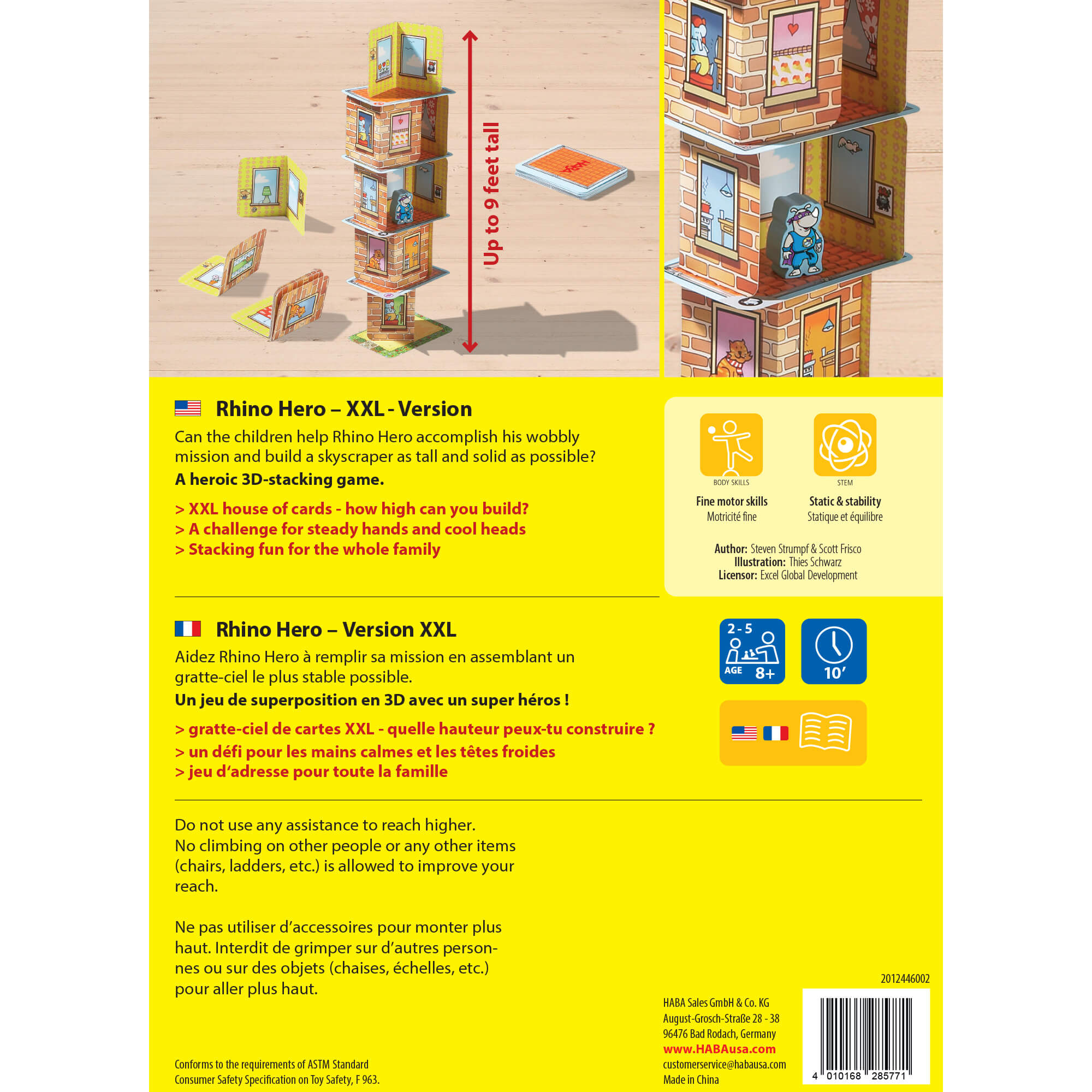 Box back of Rhino Hero XXL version with building instructions and safety information.