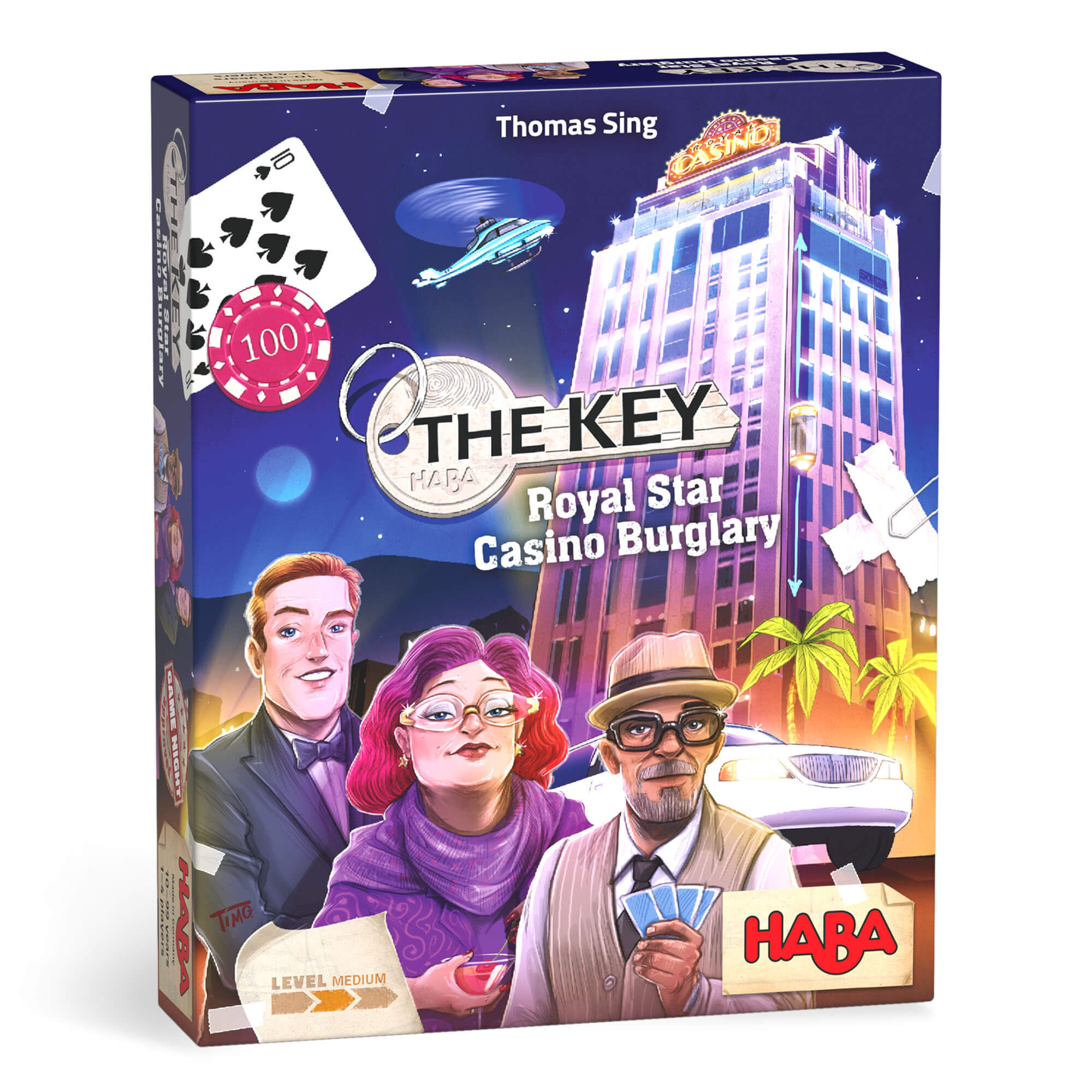 Board game box for 'The Key: Royal Star Casino Burglary' by HABA with characters and casino imagery.