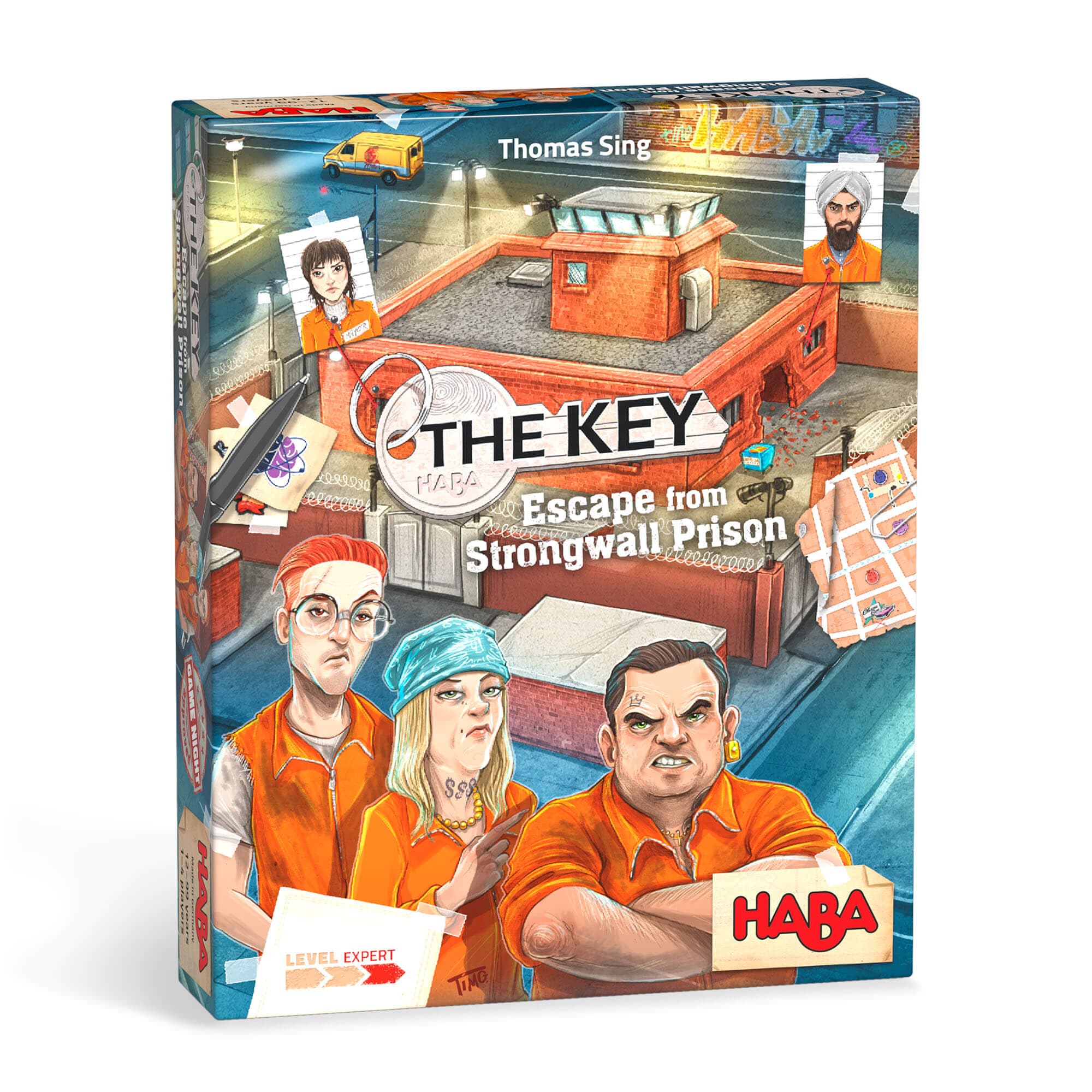 Board game box for 'The Key: Escape from Strongwall Prison' by HABA with characters and prison scene.