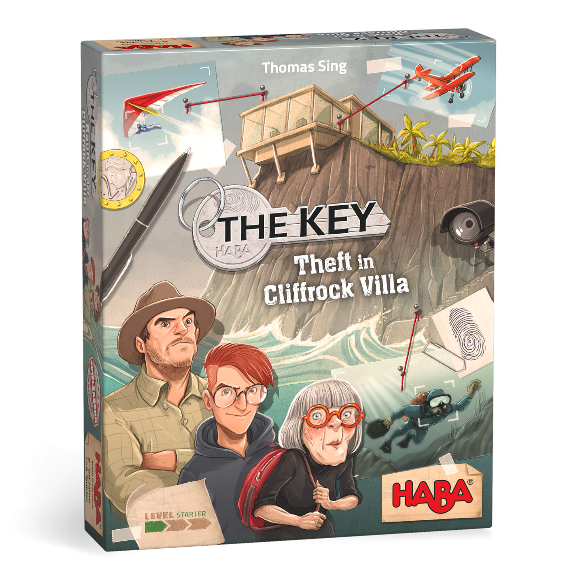 Board game box for 'The Key: Theft in Cliffrock Villa' by HABA with characters and cliffside scene.
