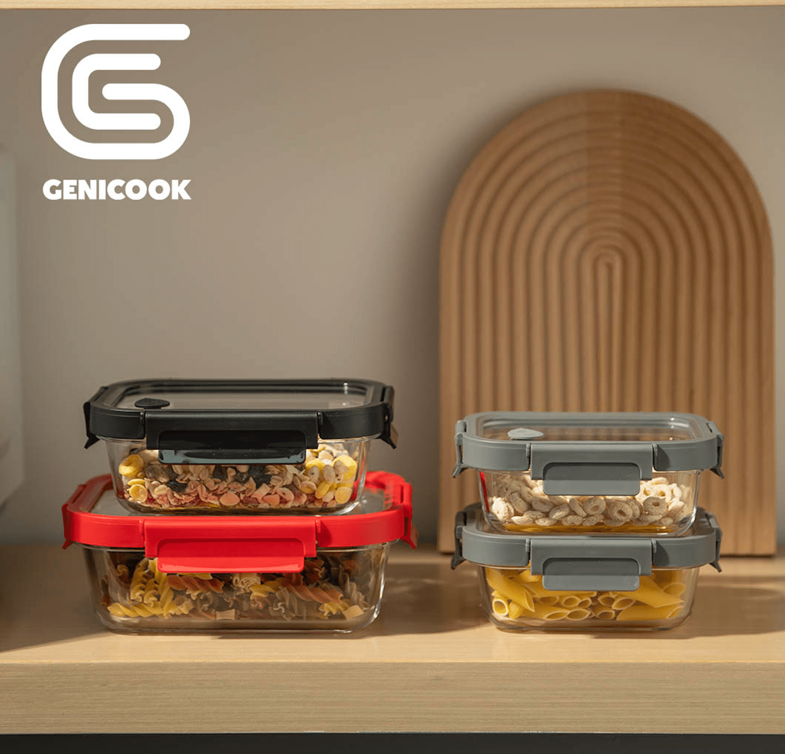 Two food storage containers with lids on a wooden surface, featuring the Genicook brand.