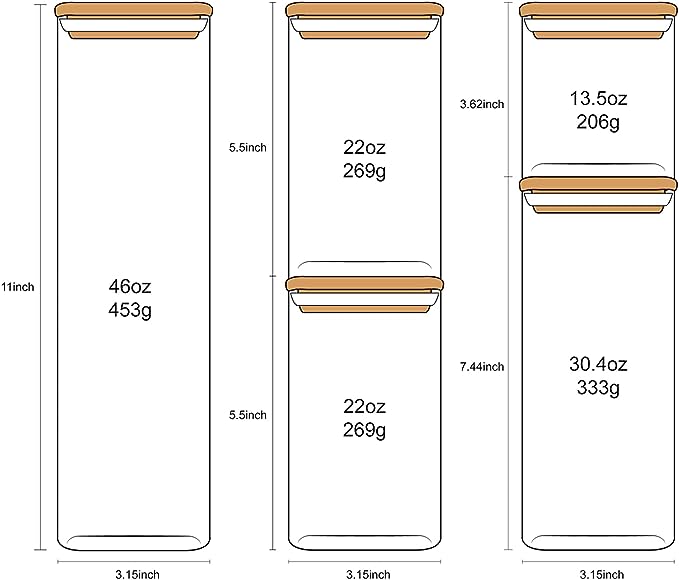 Three glass jars with wooden lids and measurements on a white background