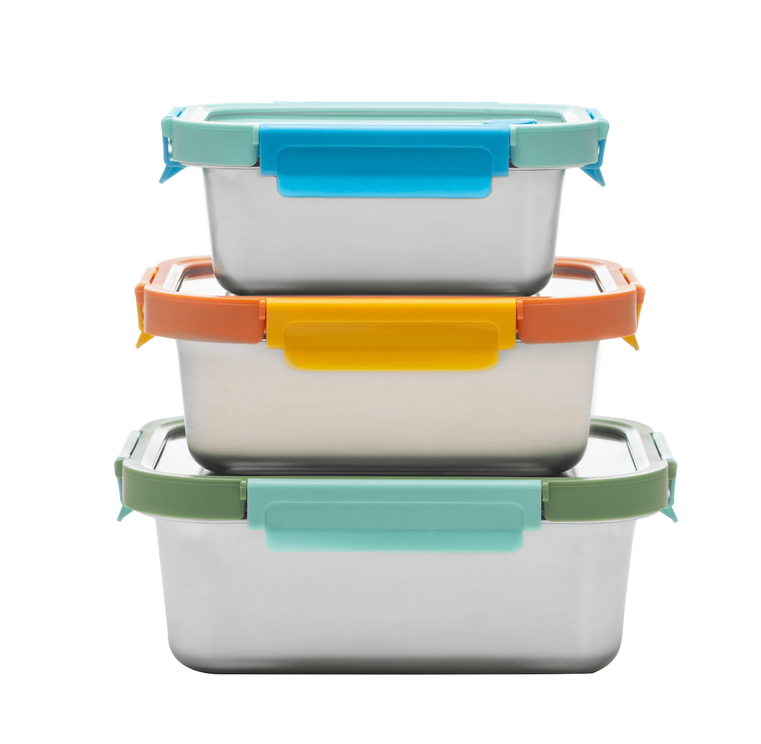 Stack of three food storage containers with colorful lids on a white background