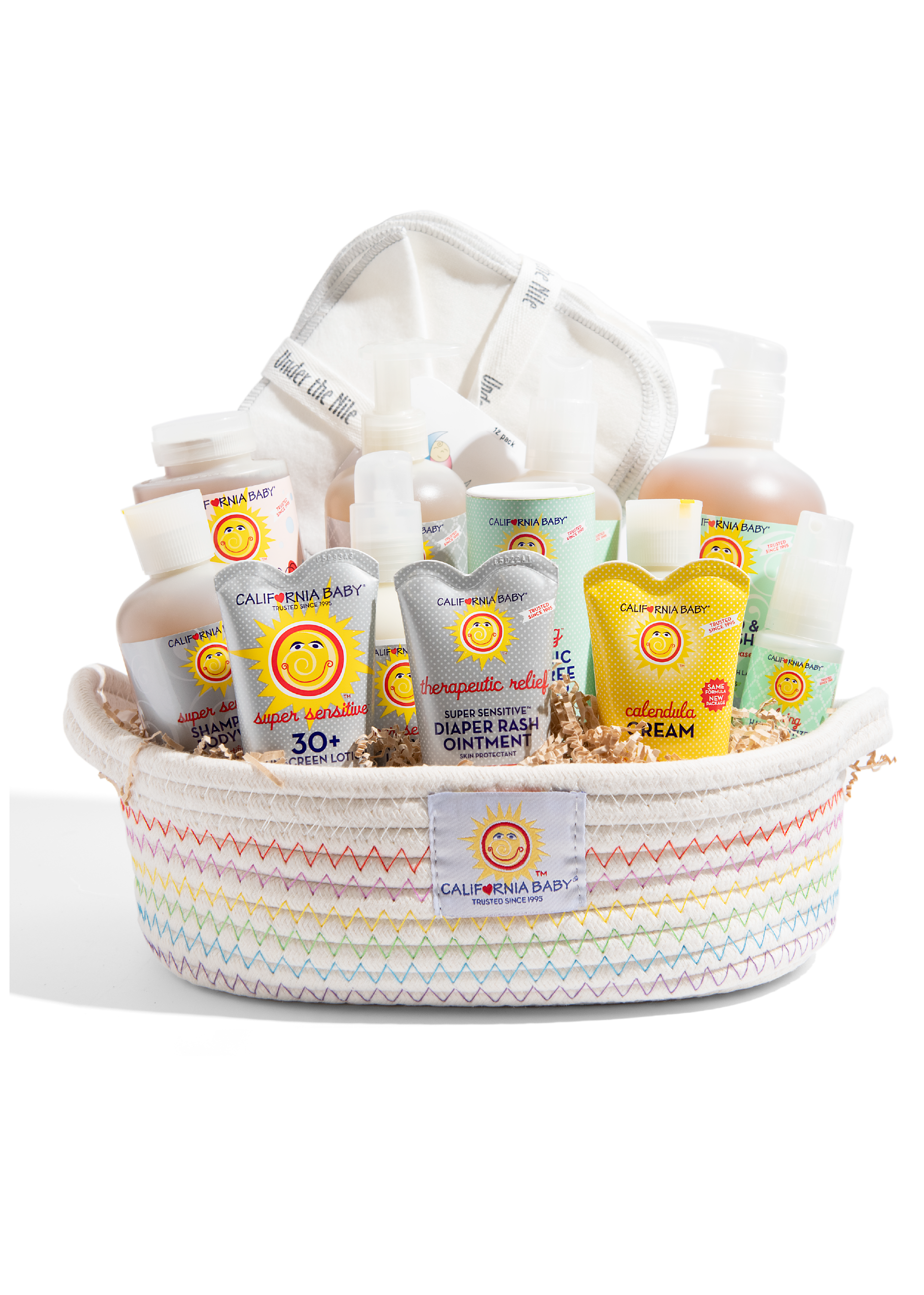 Basket of California Baby products on a white background