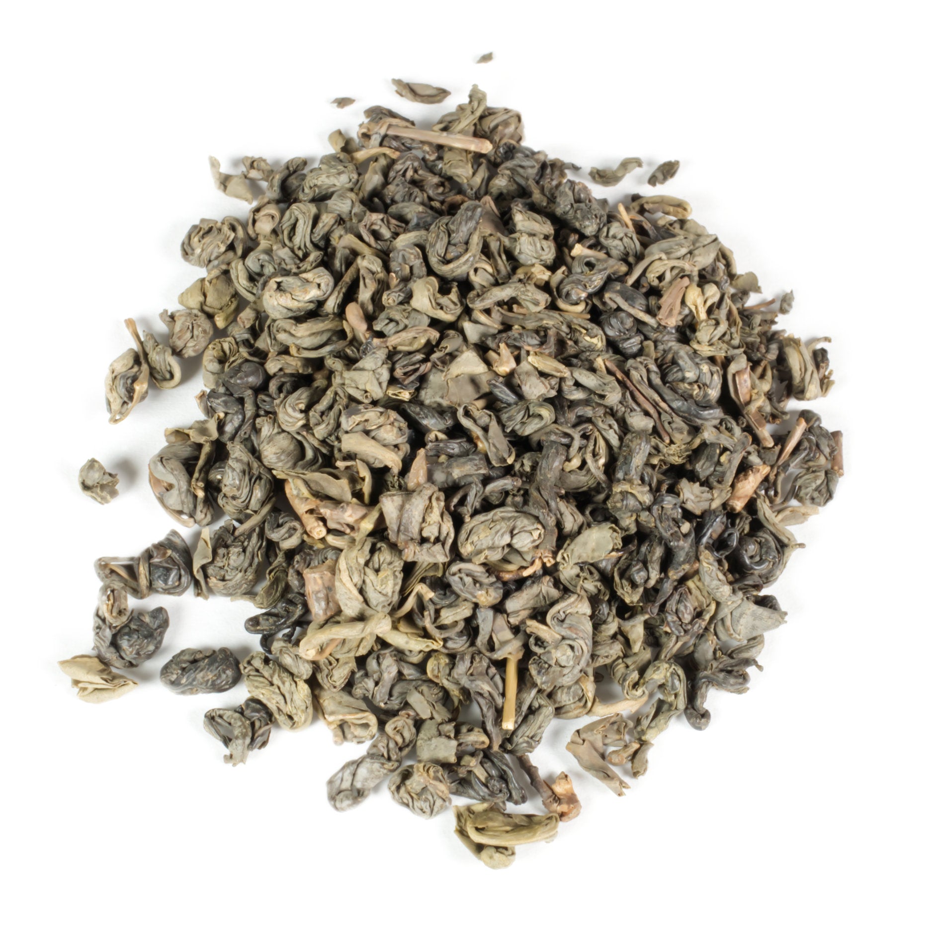 Pile of green tea leaves on a white background