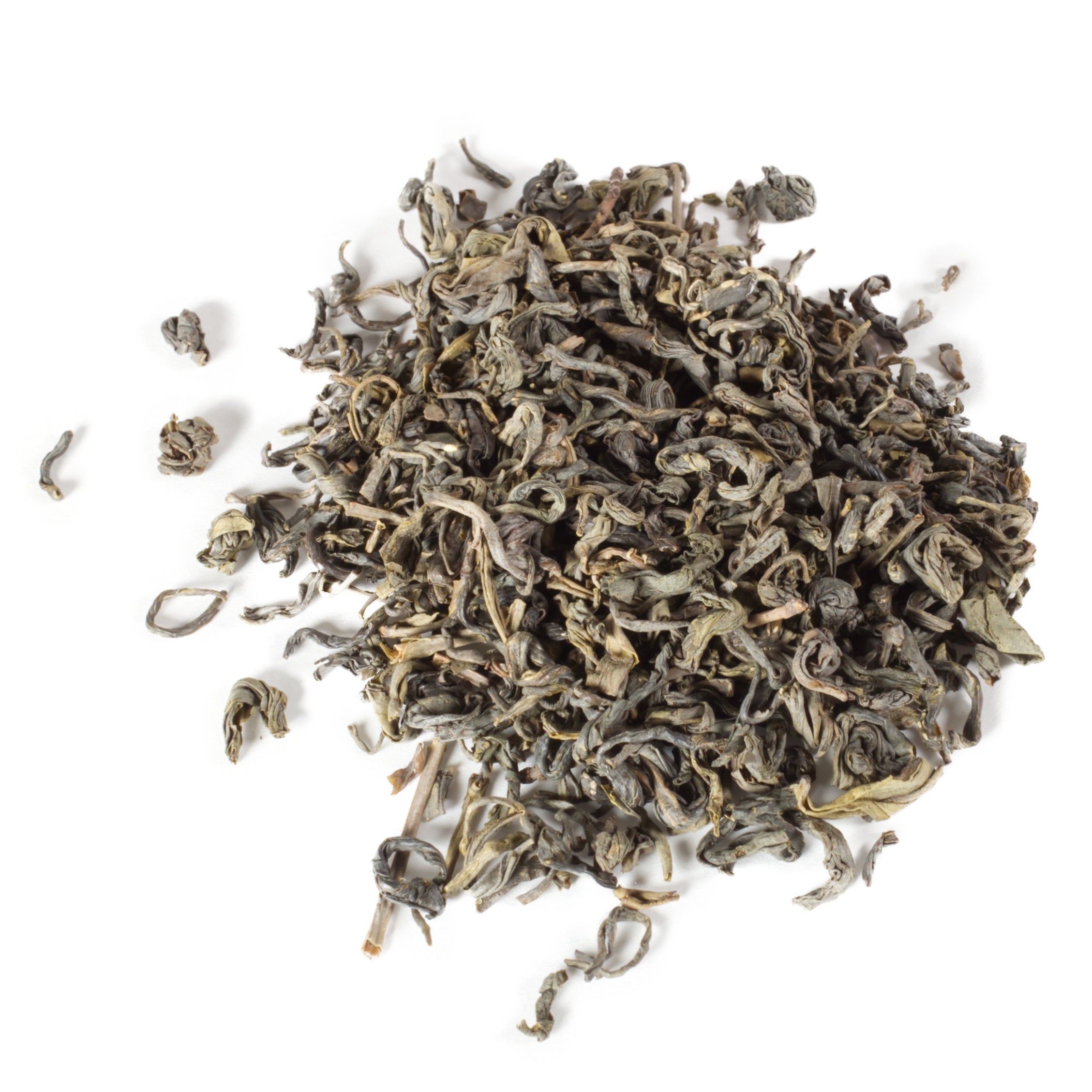 Dry green tea leaves on a white background