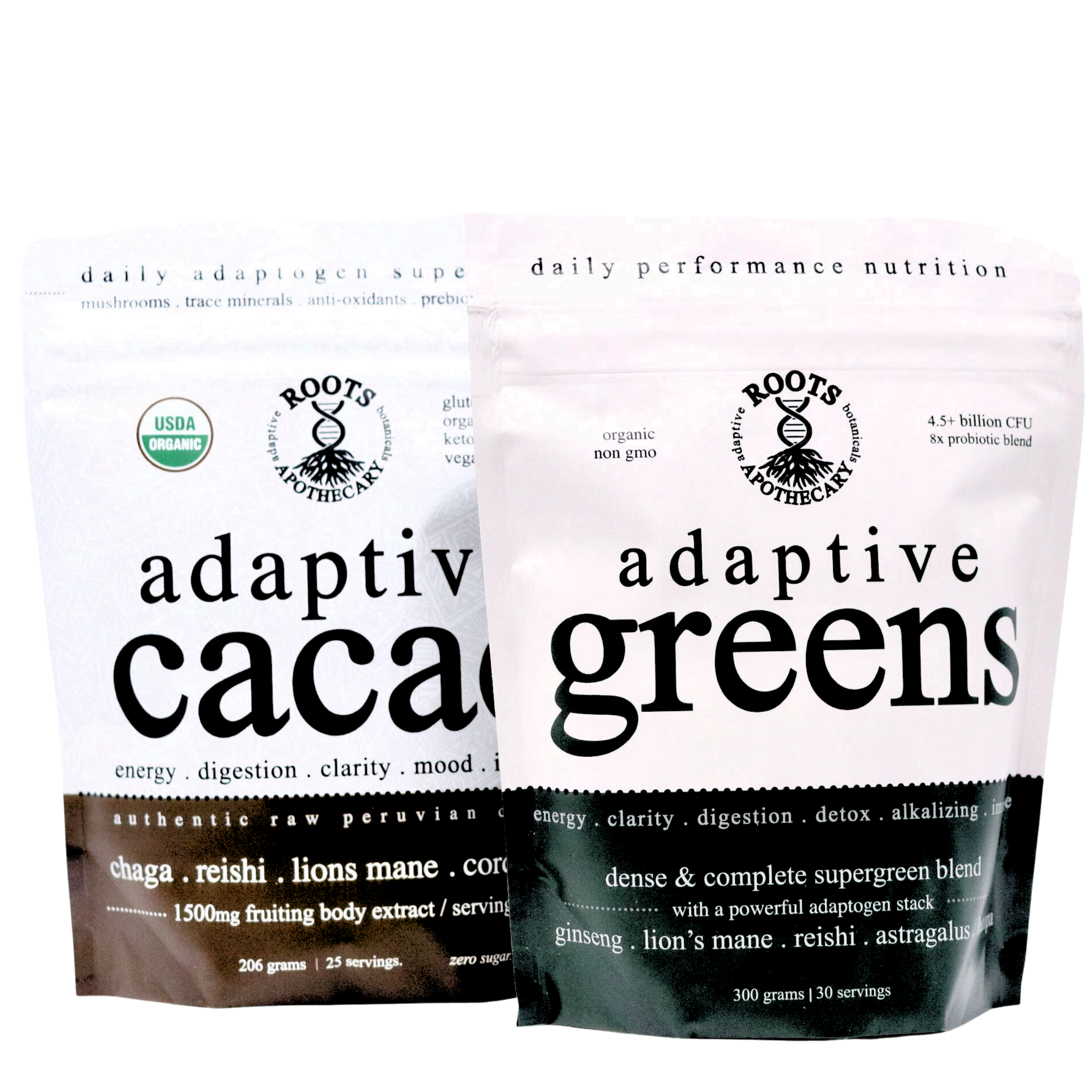 Two packages of 'Adaptive Cacao' and 'Adaptive Greens' on a white background