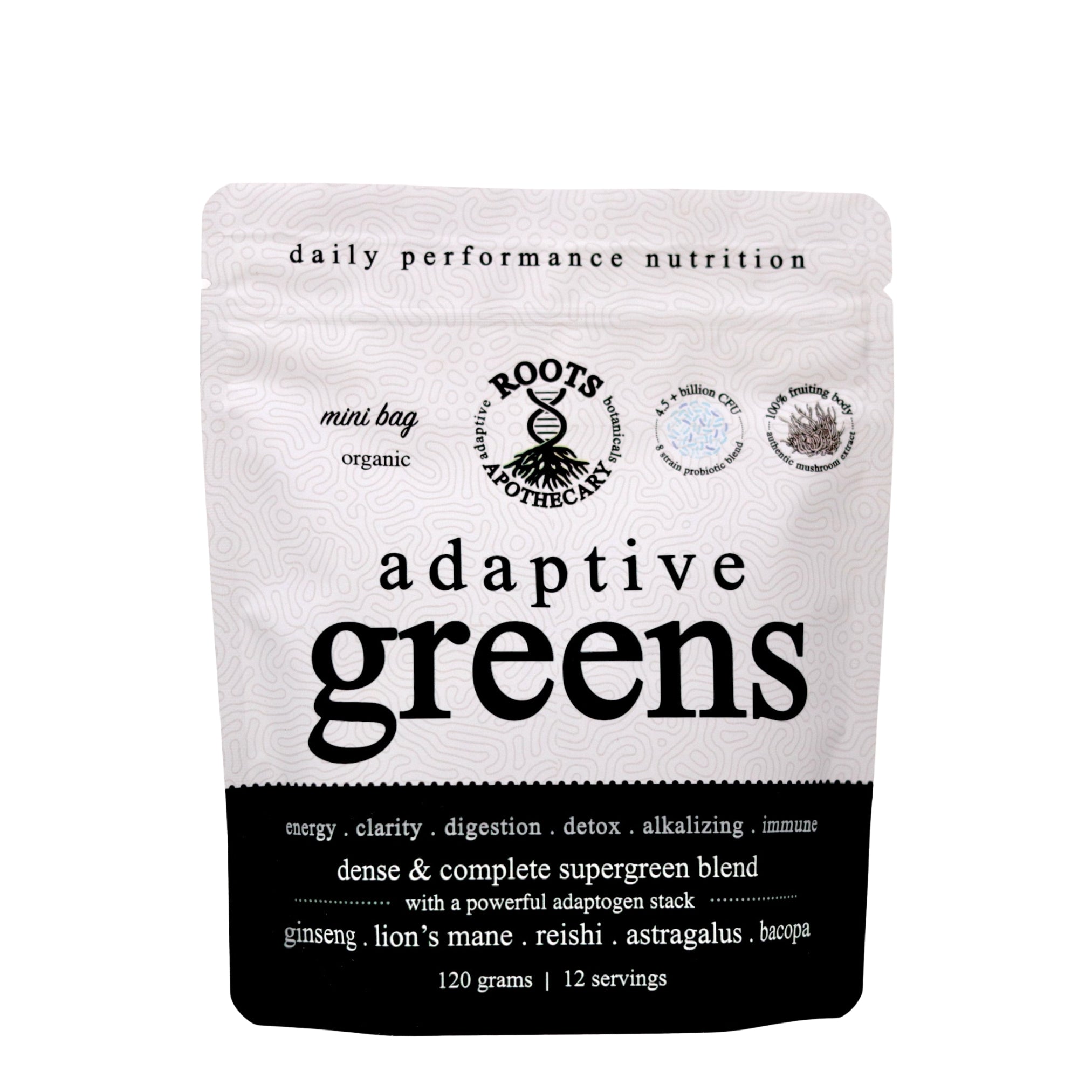 Package of 'adaptive greens' superfood blend on a black background