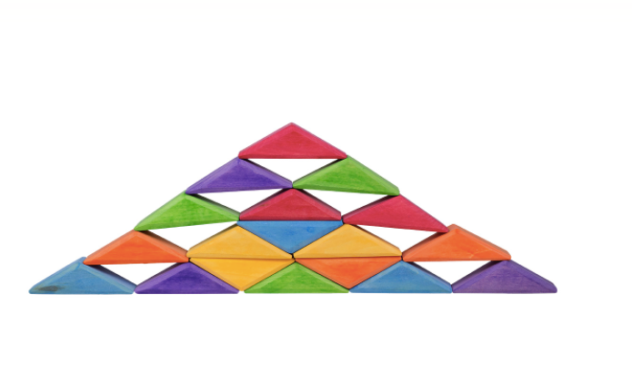 Colorful triangular interlocking tiles arranged in a pyramid shape on a white background