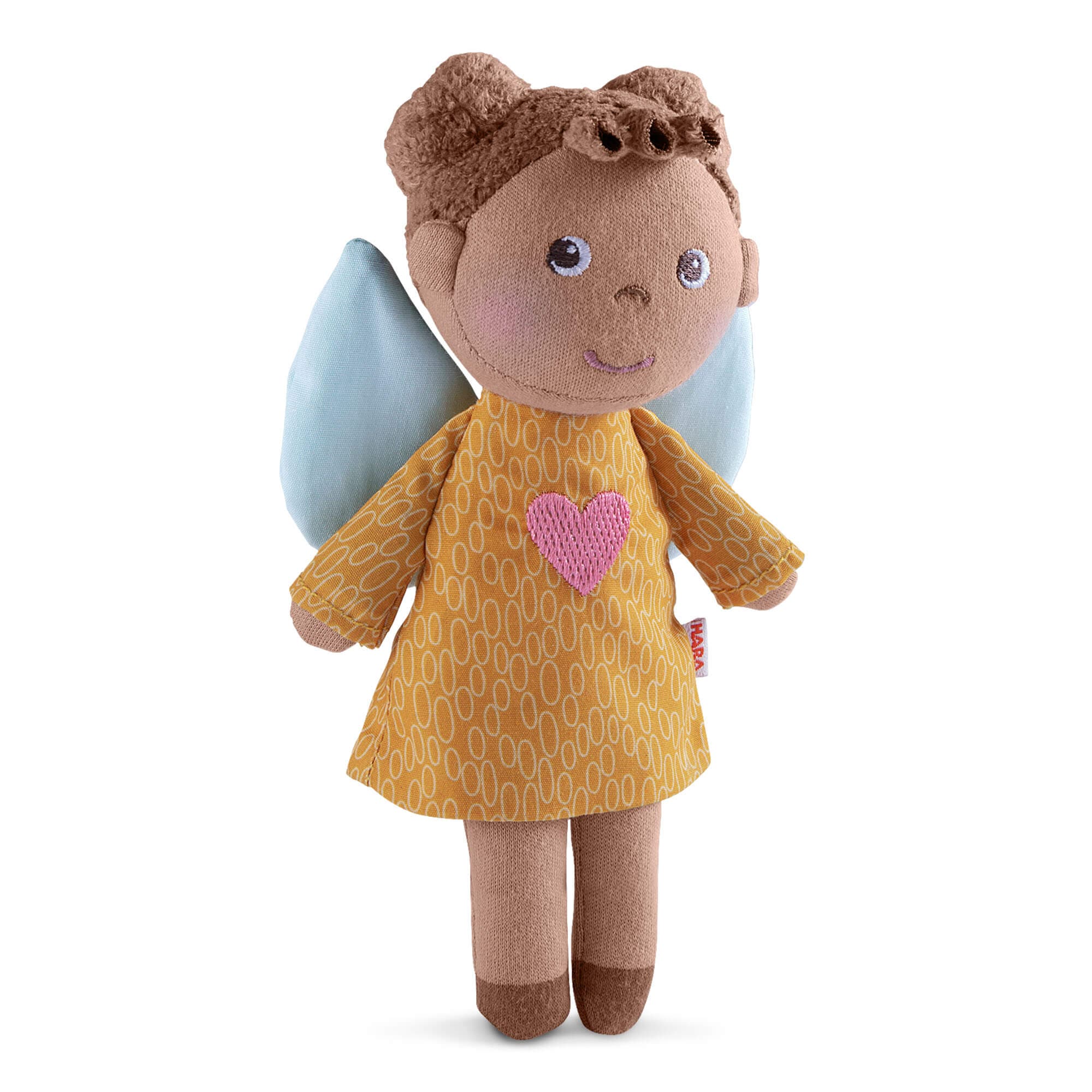 Plush toy angel with a yellow dress and brown hair on a white background