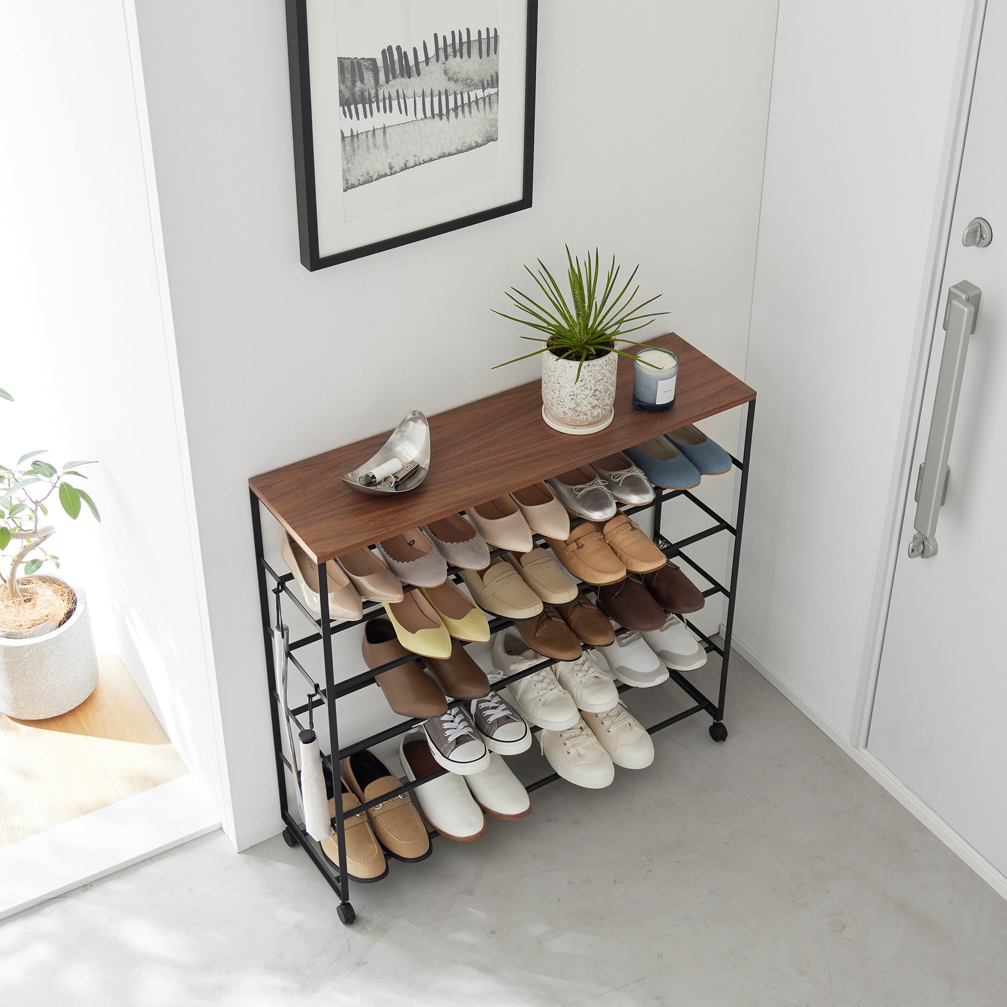 Yamazaki Home Rolling Five-Tier Shoe Rack (34.25" H)  - Steel + Wood