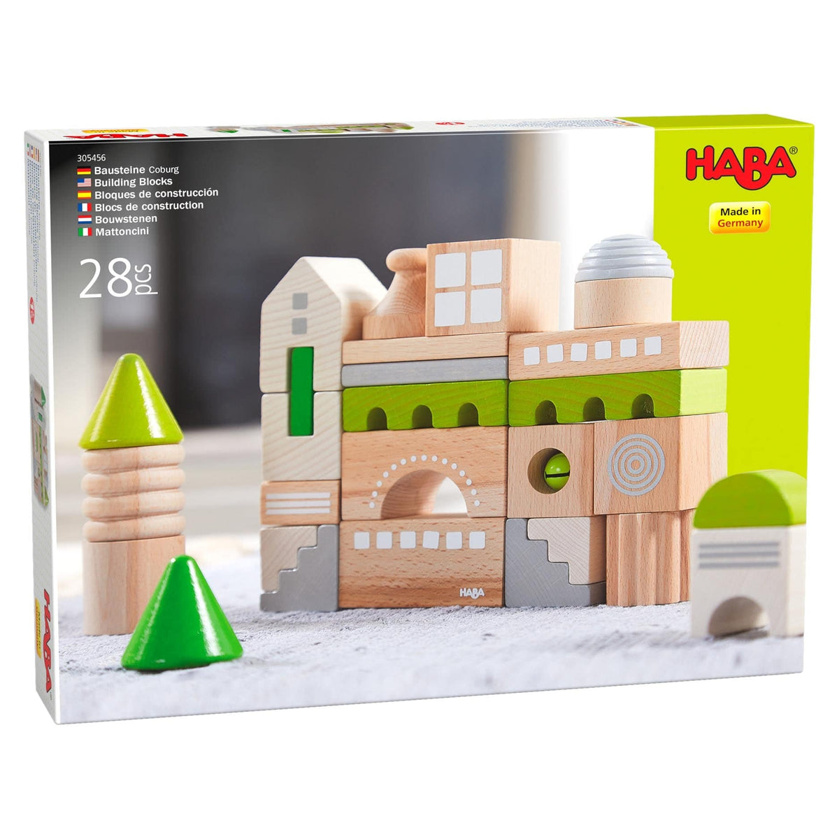 HABA wooden building block set packaging with blocks and green cones on a white background