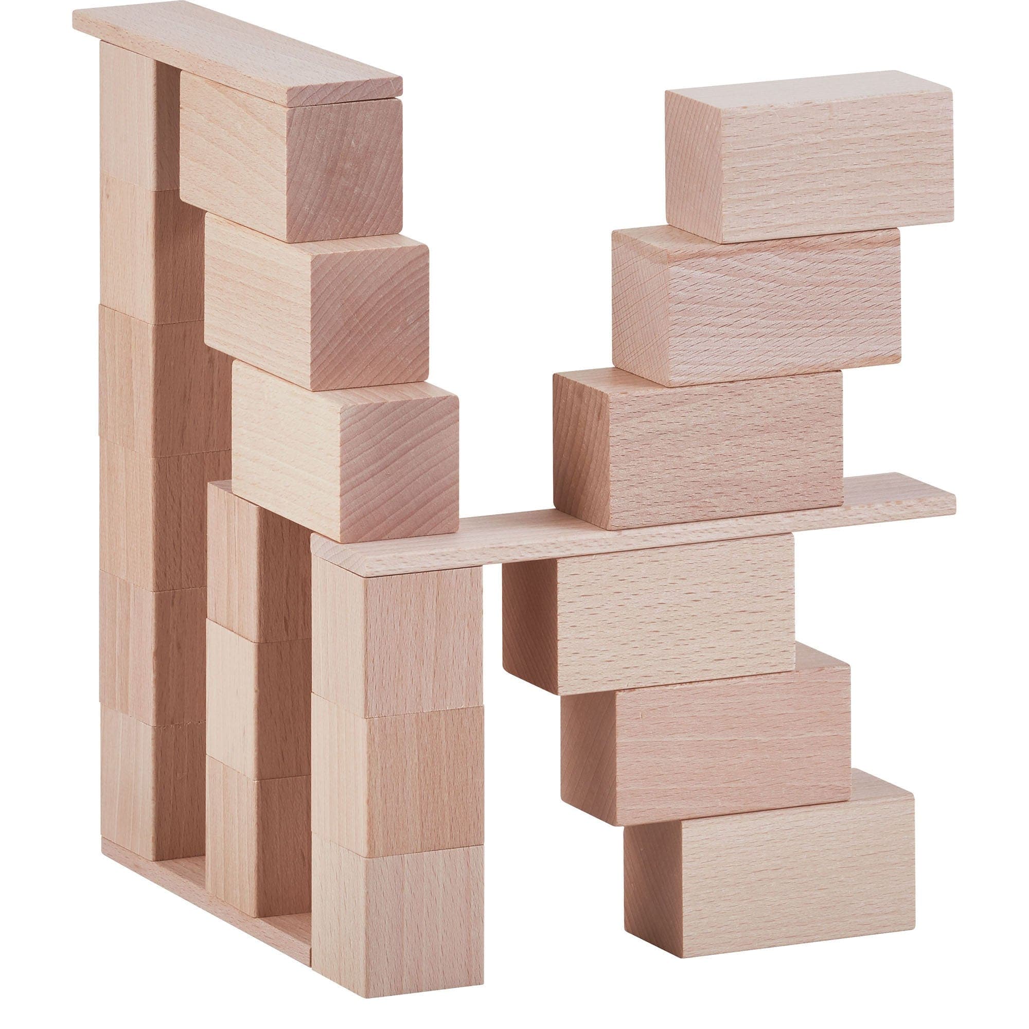 Wooden building blocks stacked in a geometric pattern on a white background