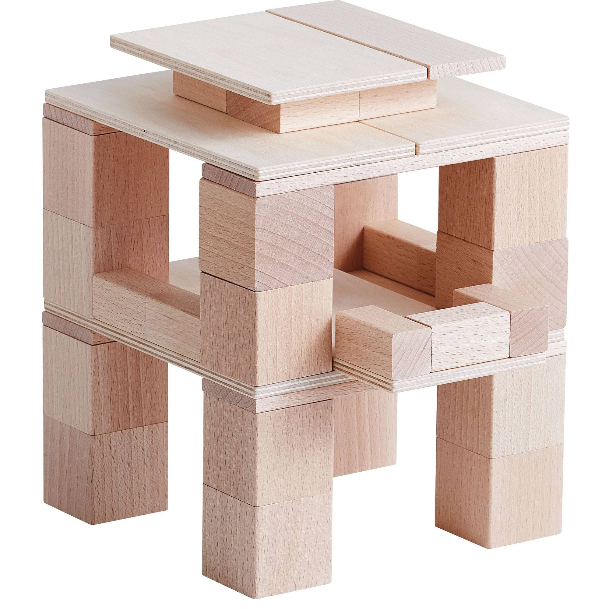 Stack of wooden building blocks on a white background