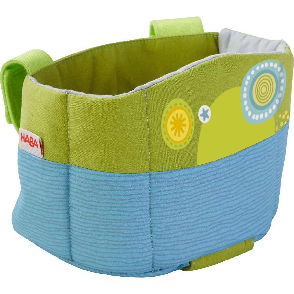 Green and blue fabric basket with HABA logo on a white background