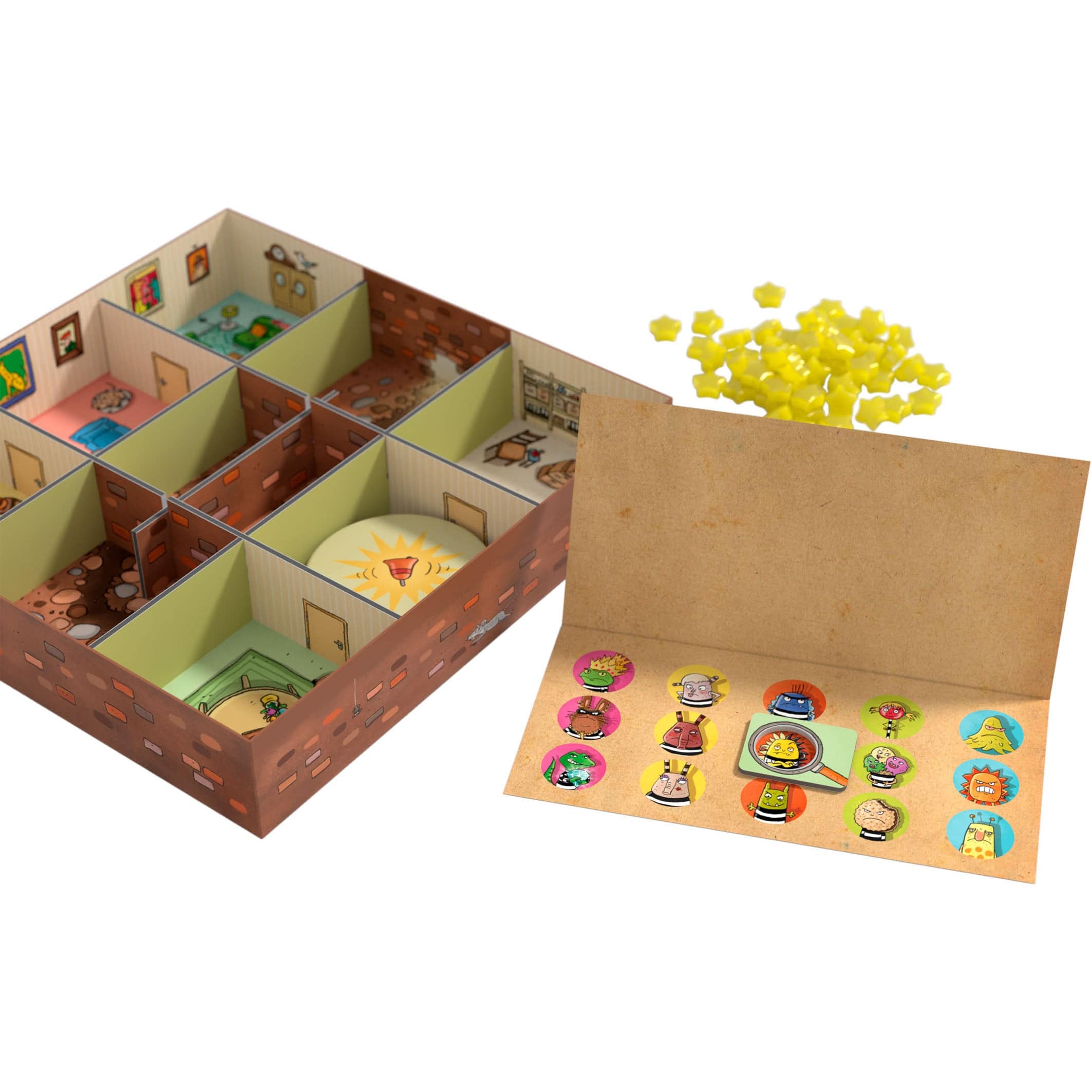 Cardboard playset with miniature rooms and a set of colorful stickers on a white background